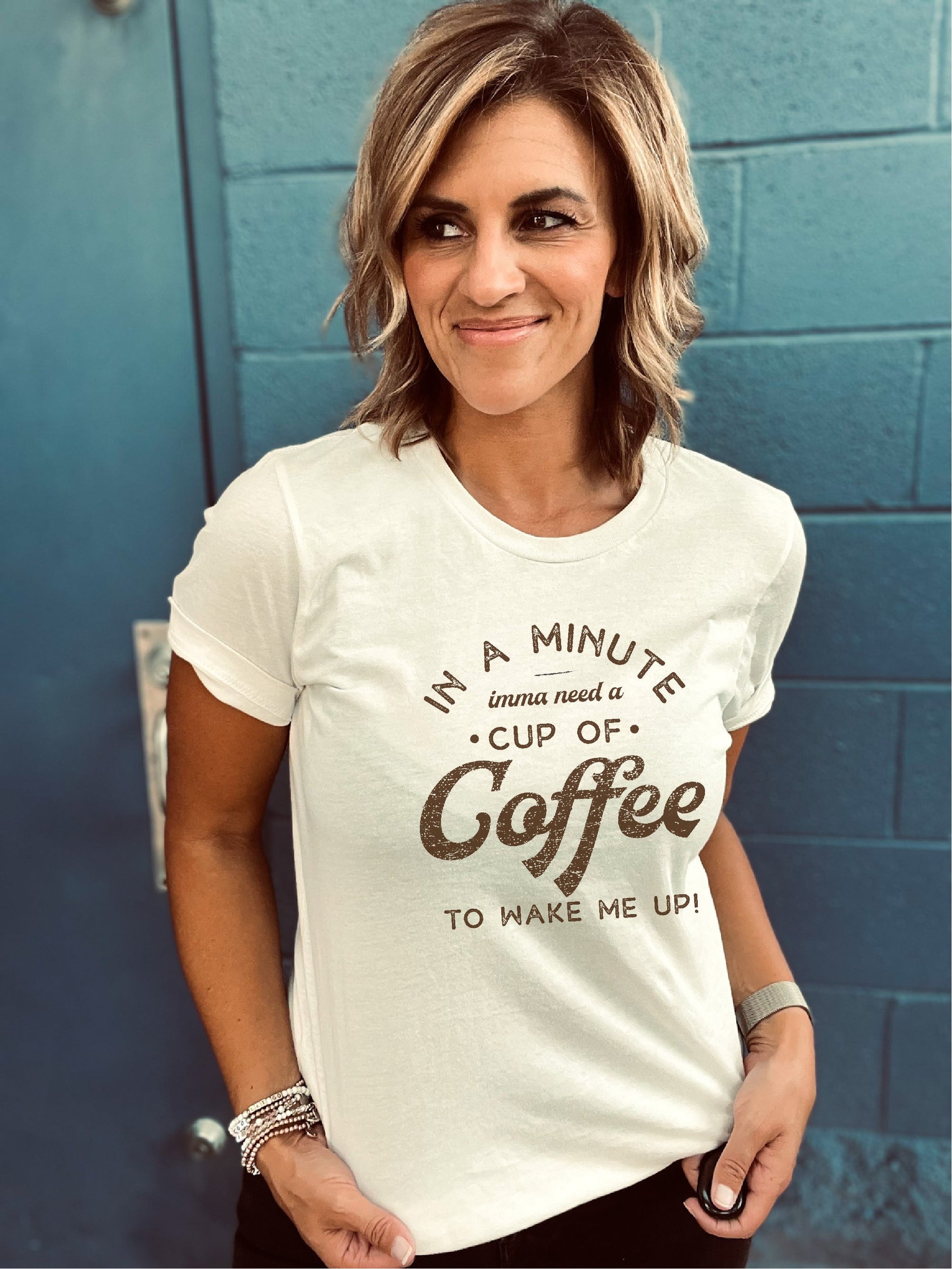 In a minute imma need a cup of coffee tee Short sleeve miscellaneous tee Lane seven premium tee mushroom, bella canvas 3001 vintage white 