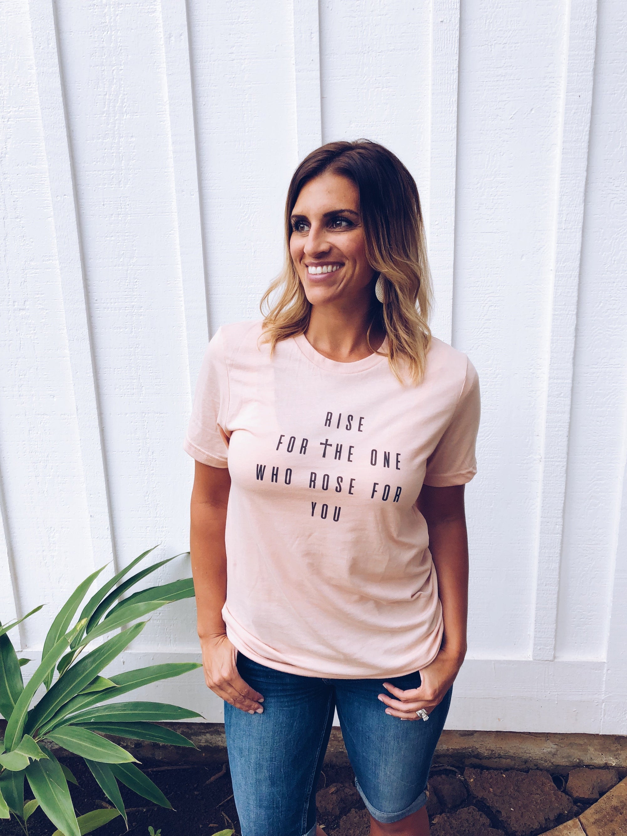Rise for the one(with cross) Short sleeve Easter tee Bella Canvas 3001 heather peach 