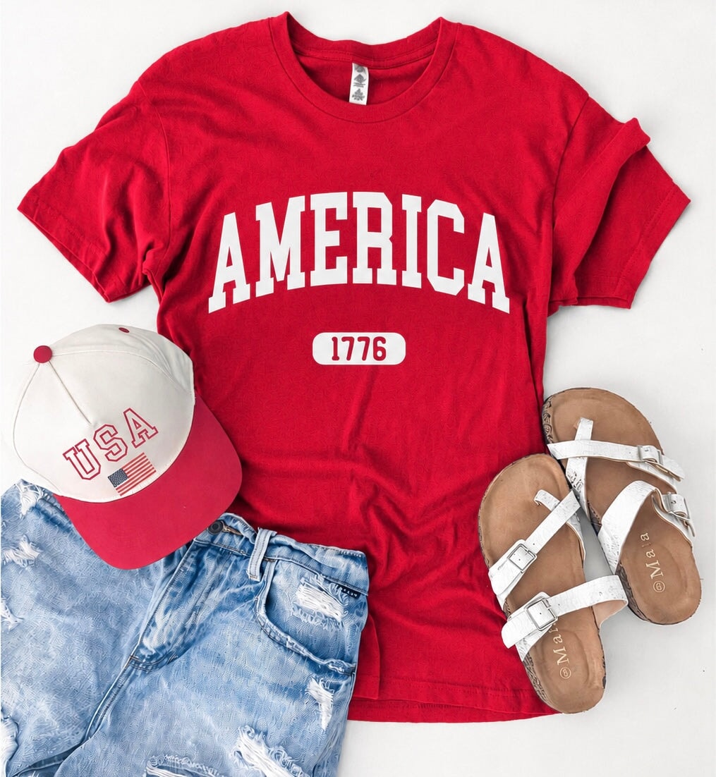 America 1776 tee Short sleeve patriotic tee Bella Canvas 3001 XS Red 