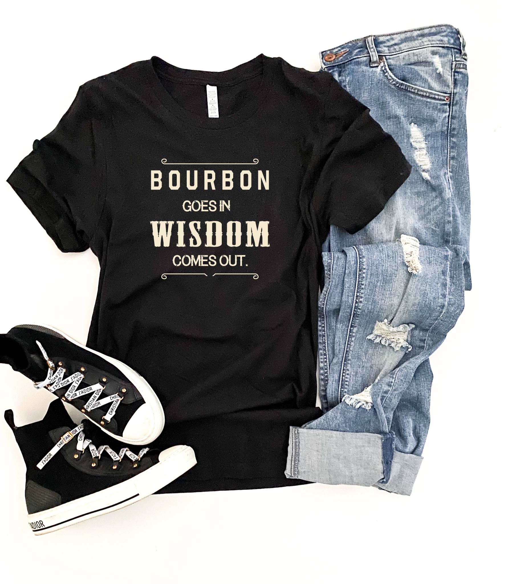 Bourbon goes in wisdom comes out heavyweight tee coffee/wine/spirits Lane seven heavyweight tee 