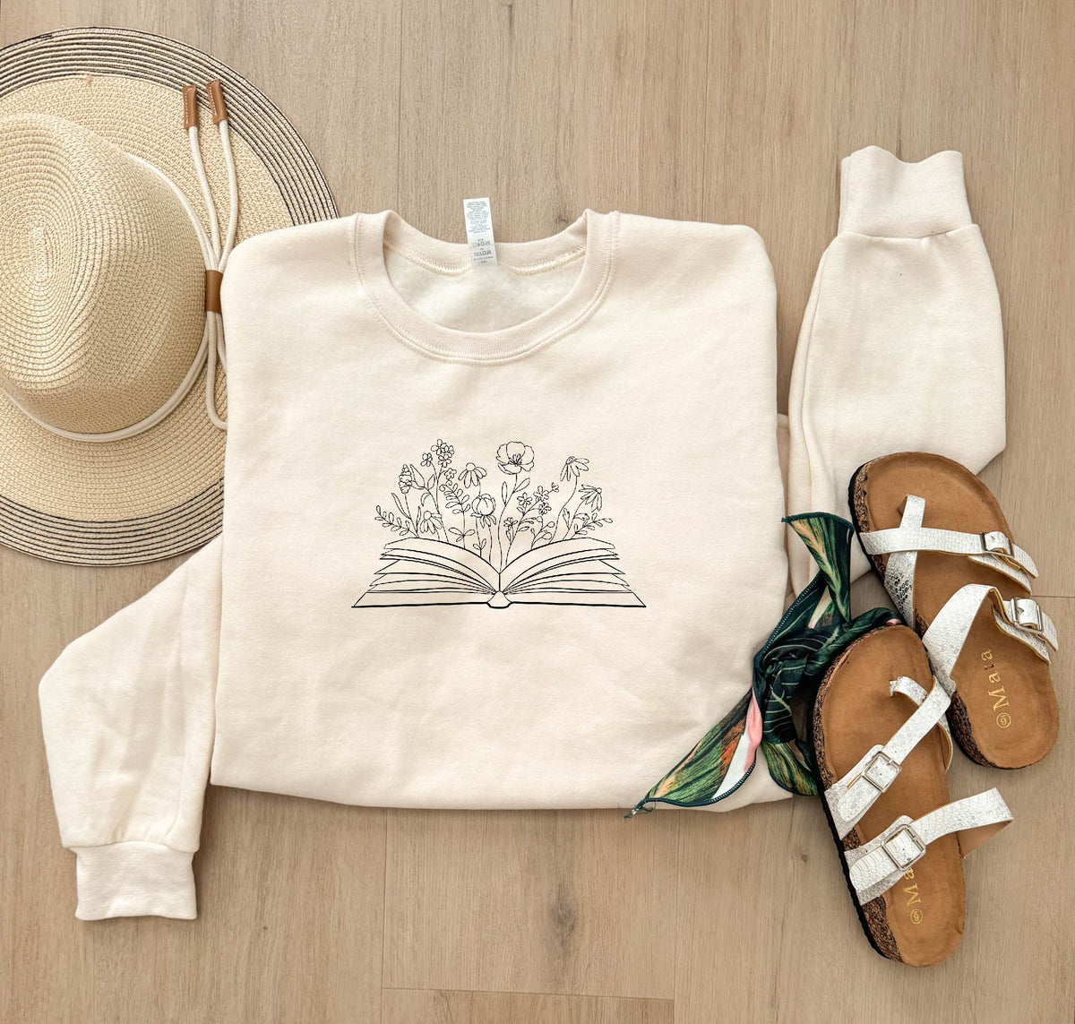 Flower book sketch fleece sweatshirt Book club Lane seven sandshell 