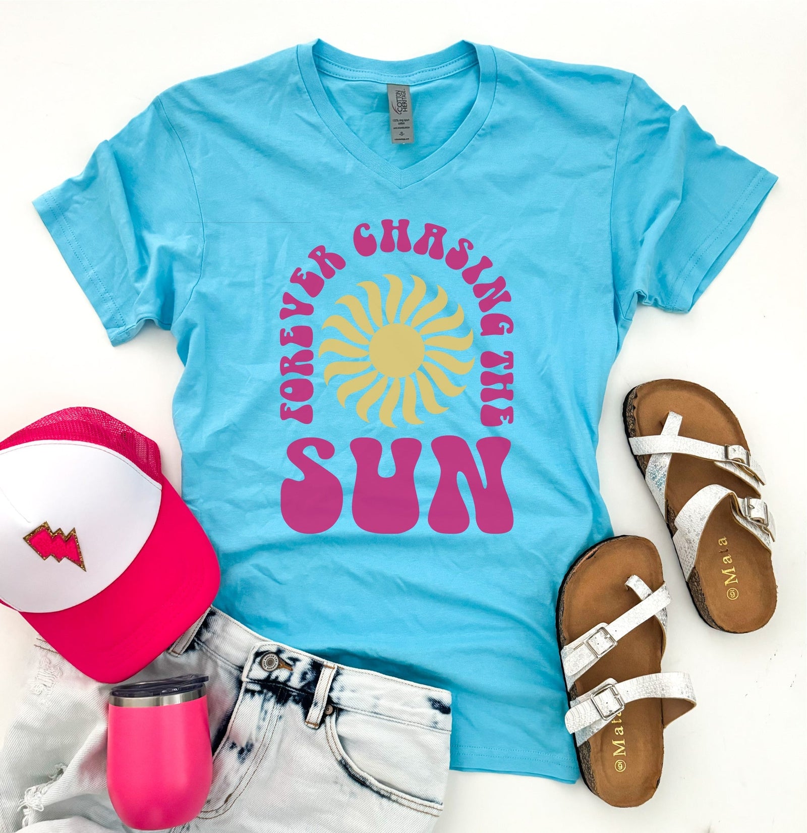 Forever chasing the sun vneck tee Summer Cotton heritage MC1047 vneck tee 