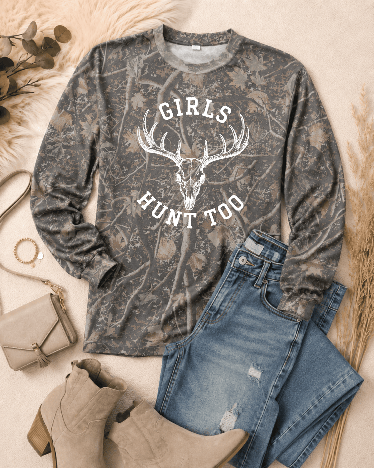 Girls Hunt Too Heavy Weight Long Sleeve Tee camo Independent Trading Co. 