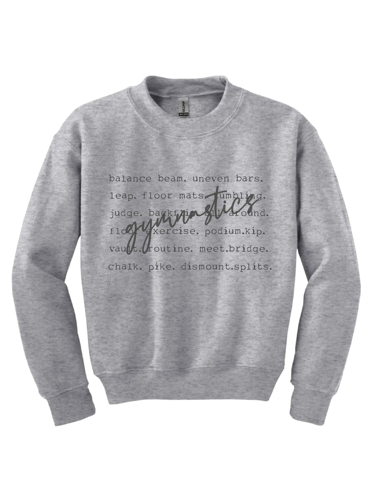 Gymnastics words youth sweatshirt words Gildan 18000B youth fleece 