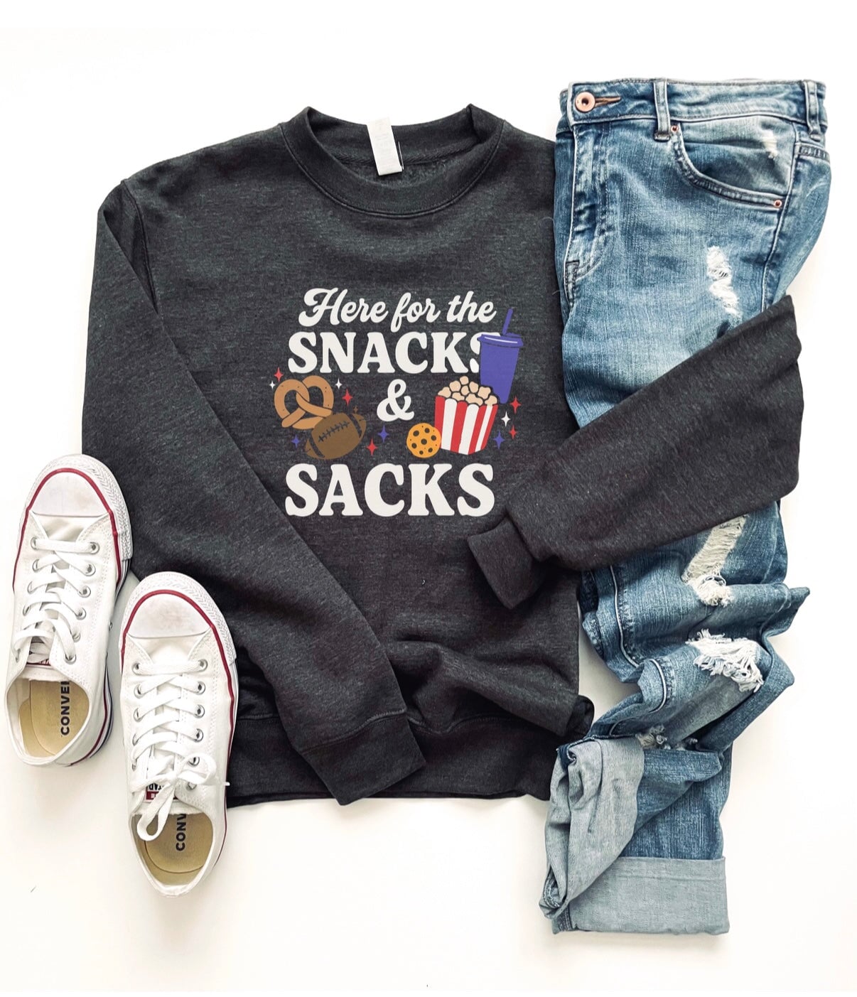 Here for the snacks and sacks fleece sweatshirt Football collection Lane seven premium fleece crew 