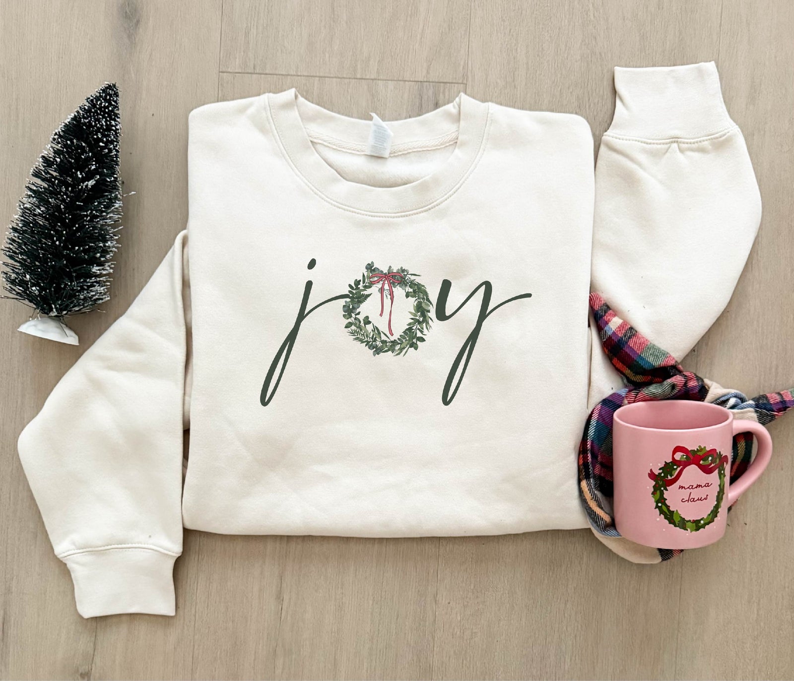 Joy wreath with bow fleece sweatshirt Holiday sweatshirt lane seven 
