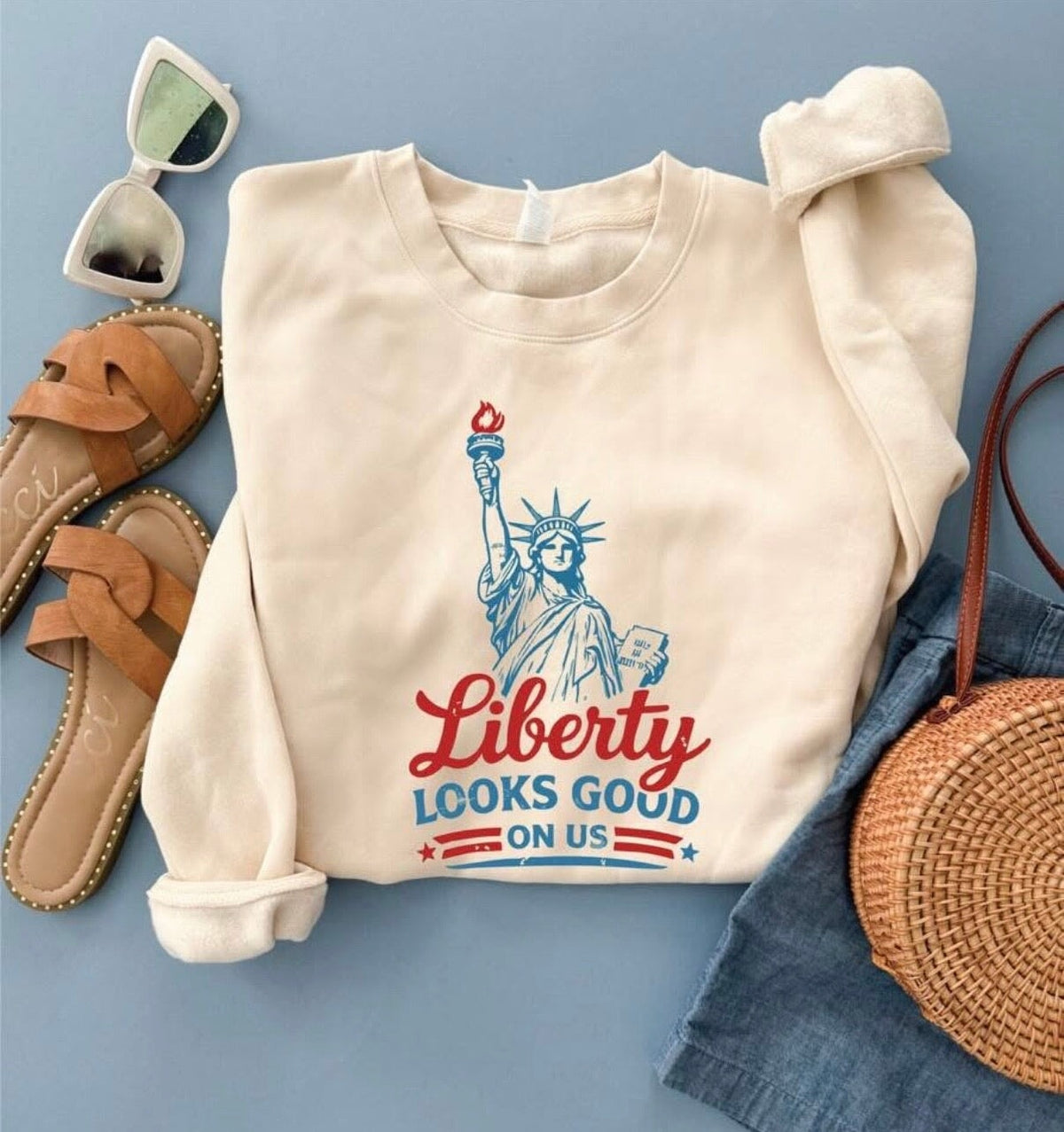Liberty looks good on us sweatshirt patriotic Lane seven 