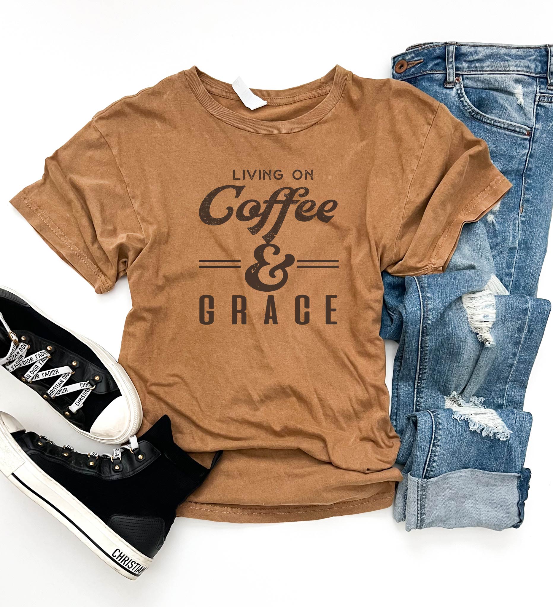 Living on coffee and grace vintage wash tee coffee/wine/spirits Lane 7 15004 Camel 