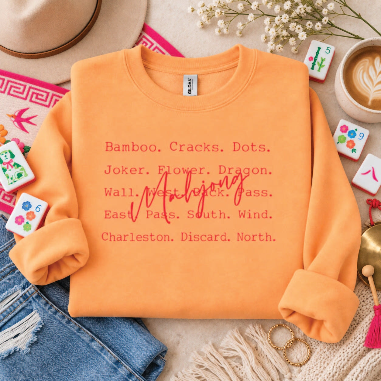 Mahjong Words Sweatshirt Halloween sweatshirt Tultex fleece 340 Cantaloupe 