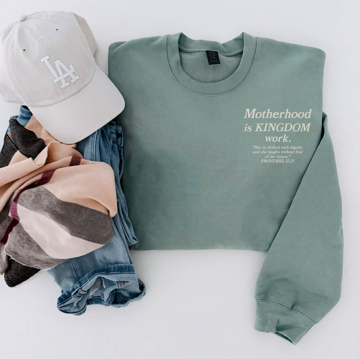 Motherhood is kingdom work sweatshirt faith based Lane Seven 