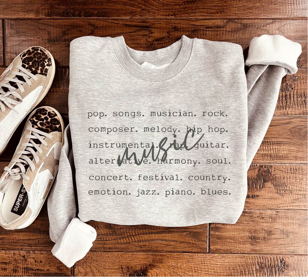 Music words sweatshirt music, words Gildan 18000 sweatshirt XS Athletic heather grey 