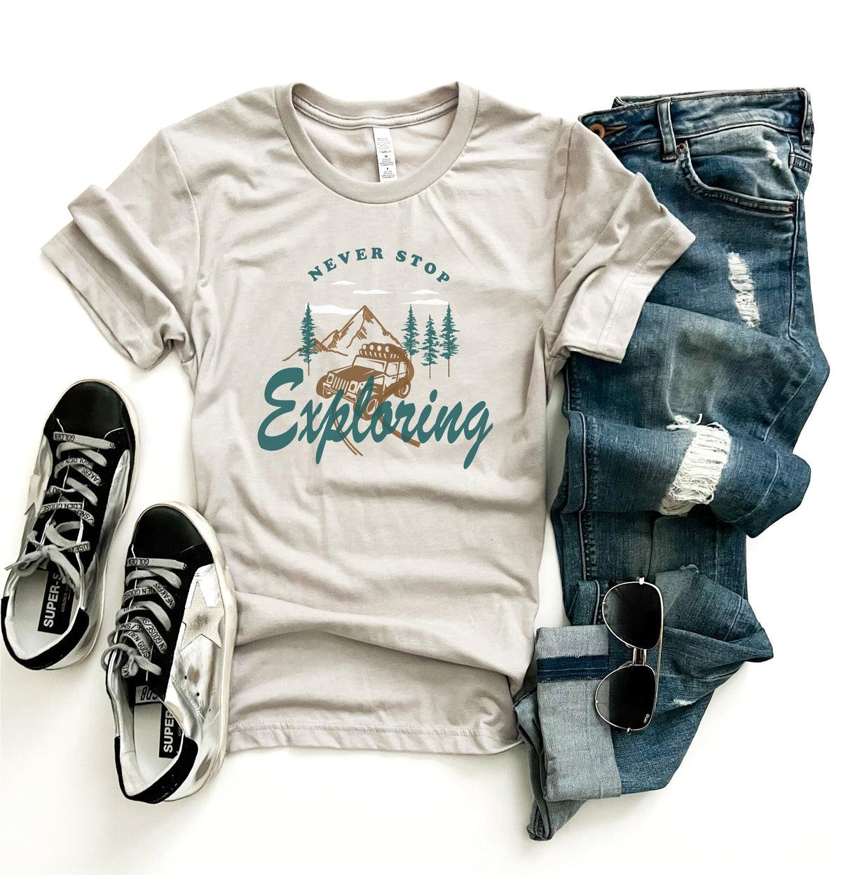 Never stop exploring tee Short sleeve mens tee Bella Canvas 3001 slate and pine 