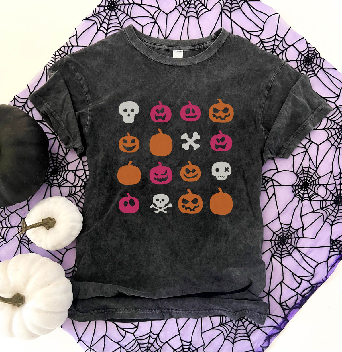 Pumpkins and Skeletons vintage wash tee Halloween Lane Seven Vintage Zinc 
