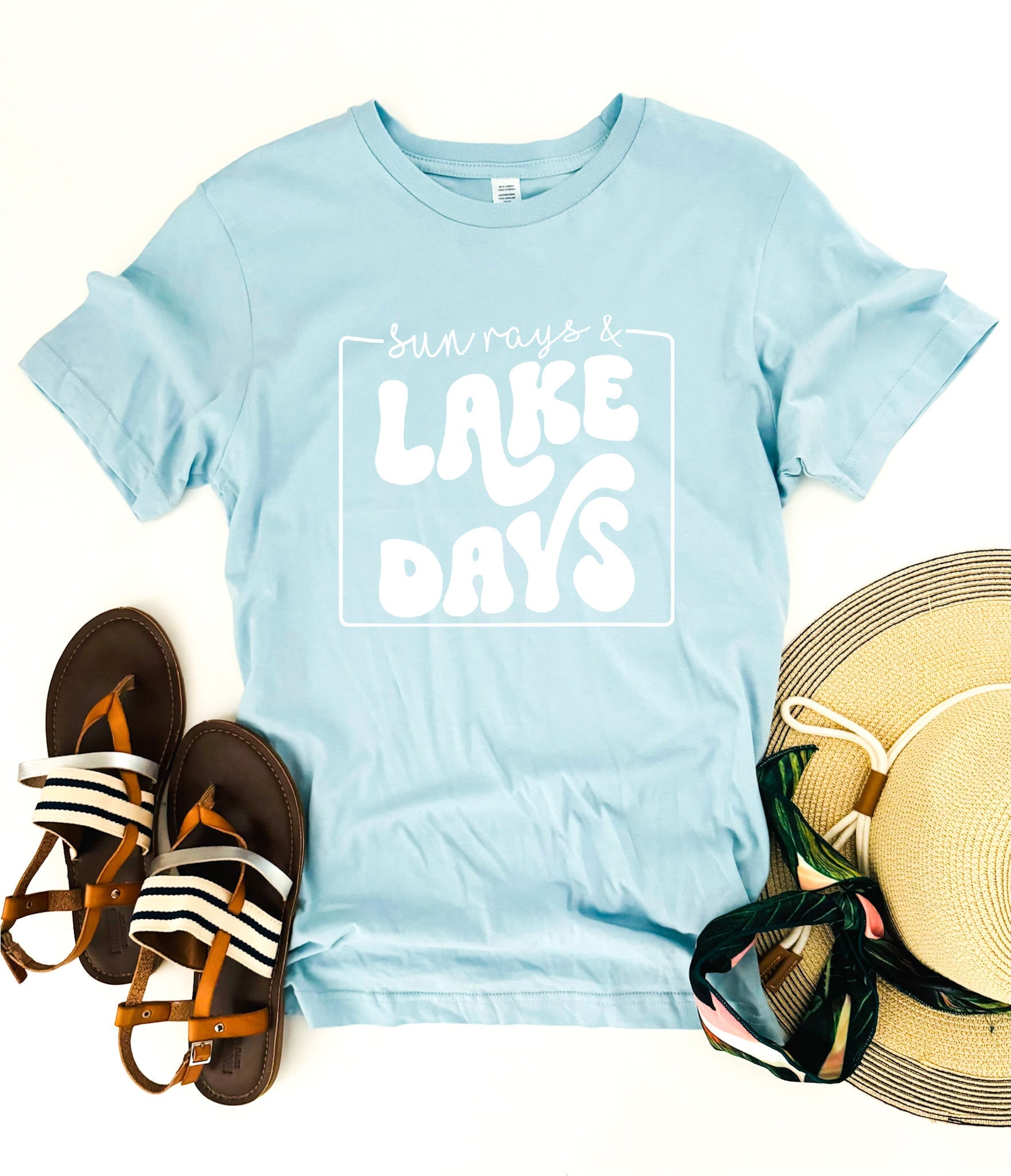 Sun rays and lake days front print tee Vacay mode Bella Canvas 3001 