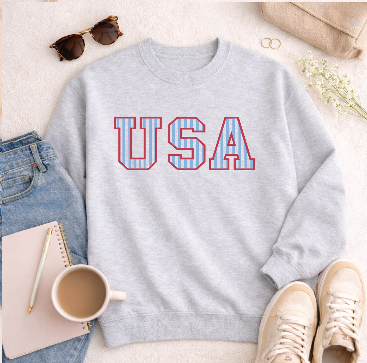 USA Striped Block Letters Sweatshirt Graphic Design Sweatshirt Lane Seven 