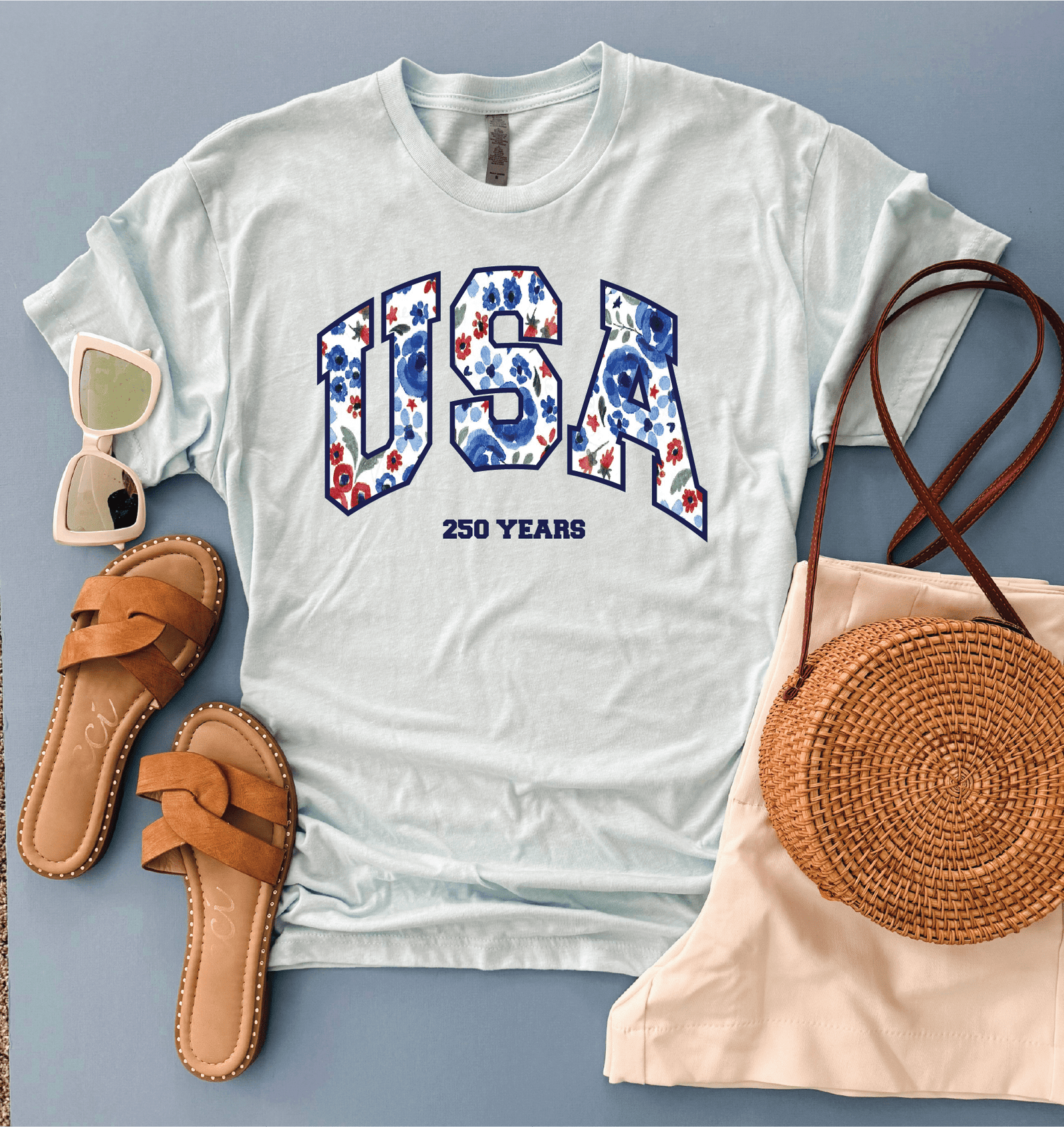 USA watercolor floral 250 Short sleeve patriotic tee Bella Canvas 3001 Ice Blue 