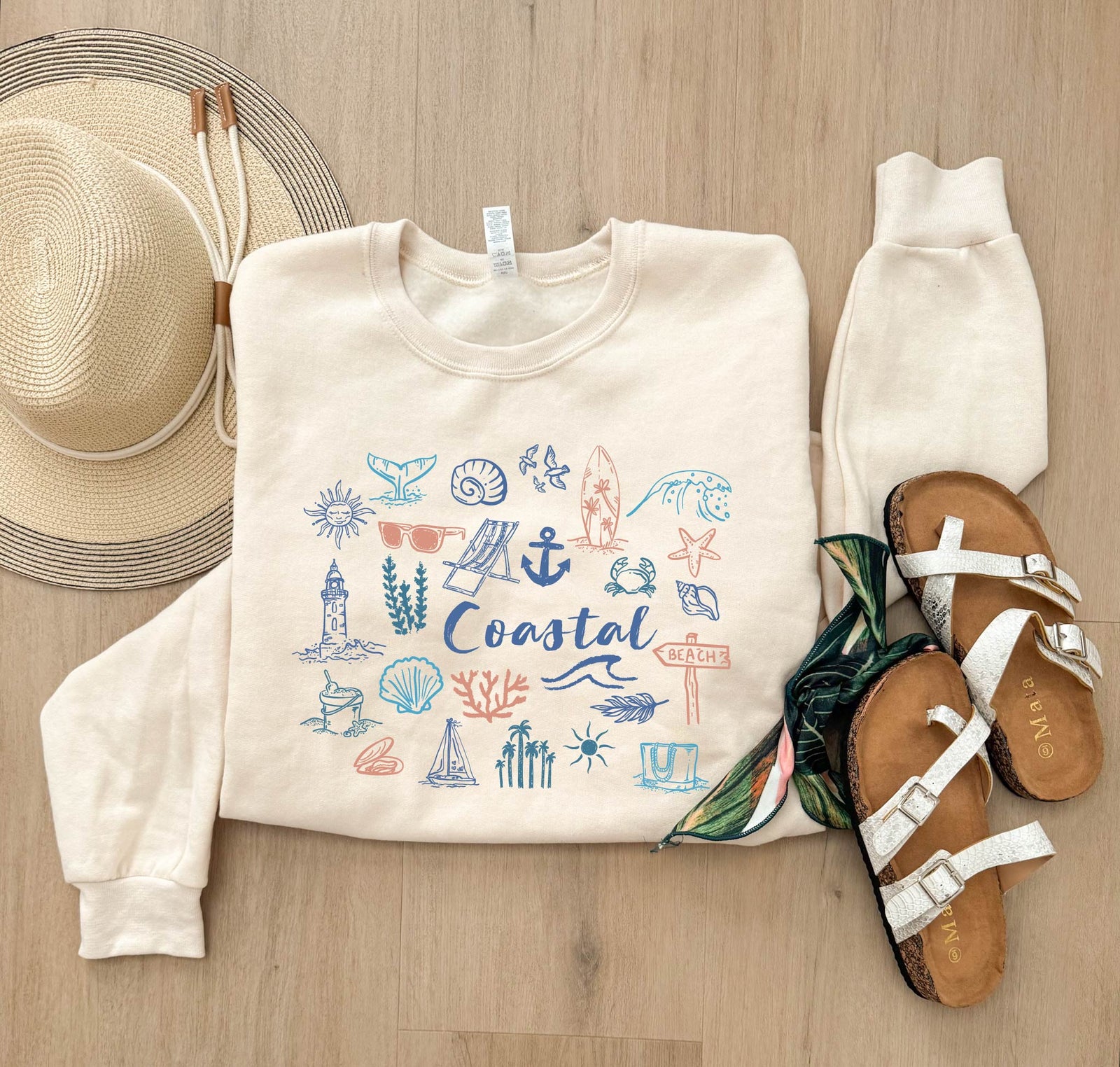 Whimsical coastal collage sweatshirt vacay, beach Lane Seven 