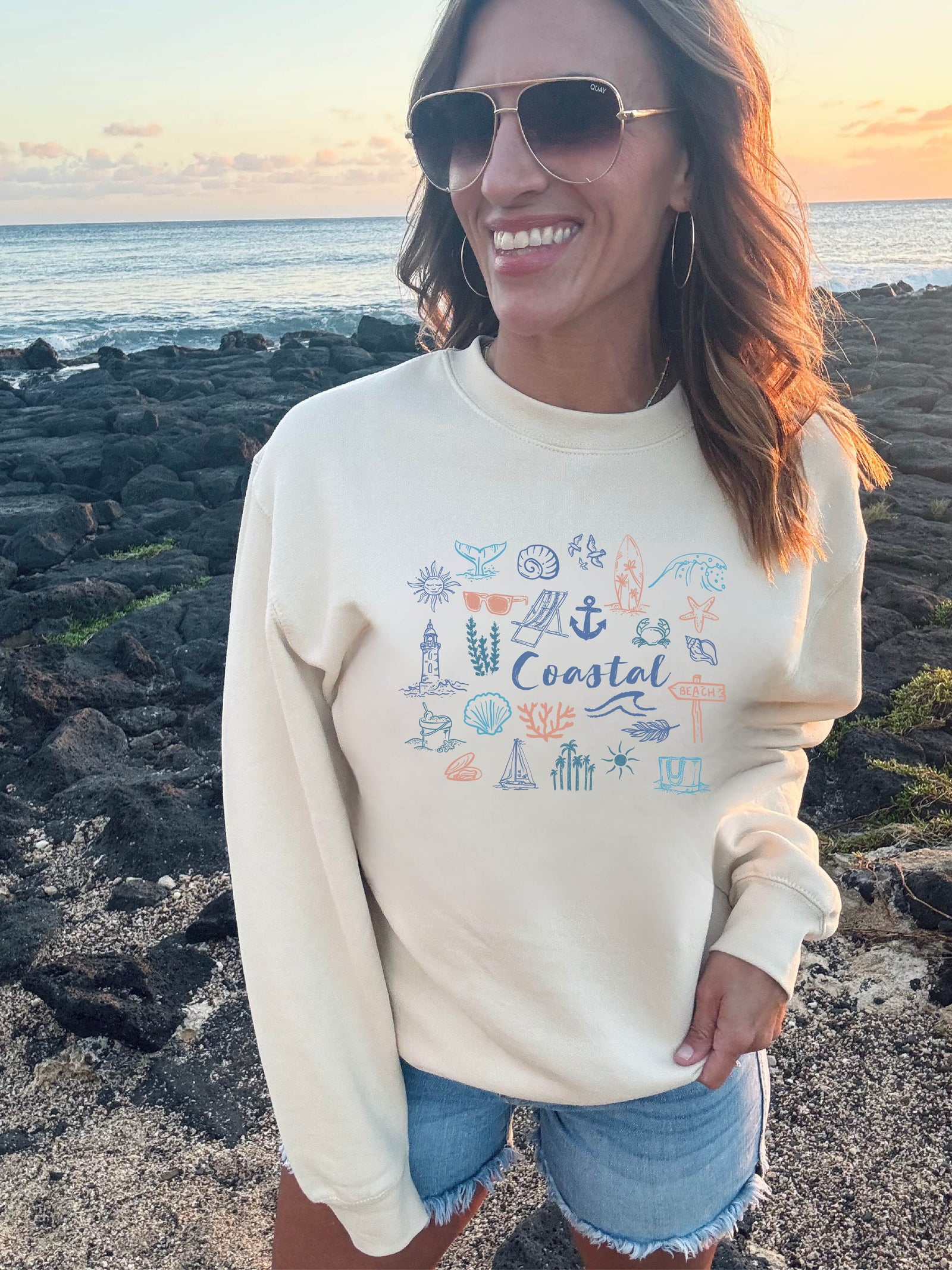 Whimsical coastal collage sweatshirt vacay, beach Lane Seven 