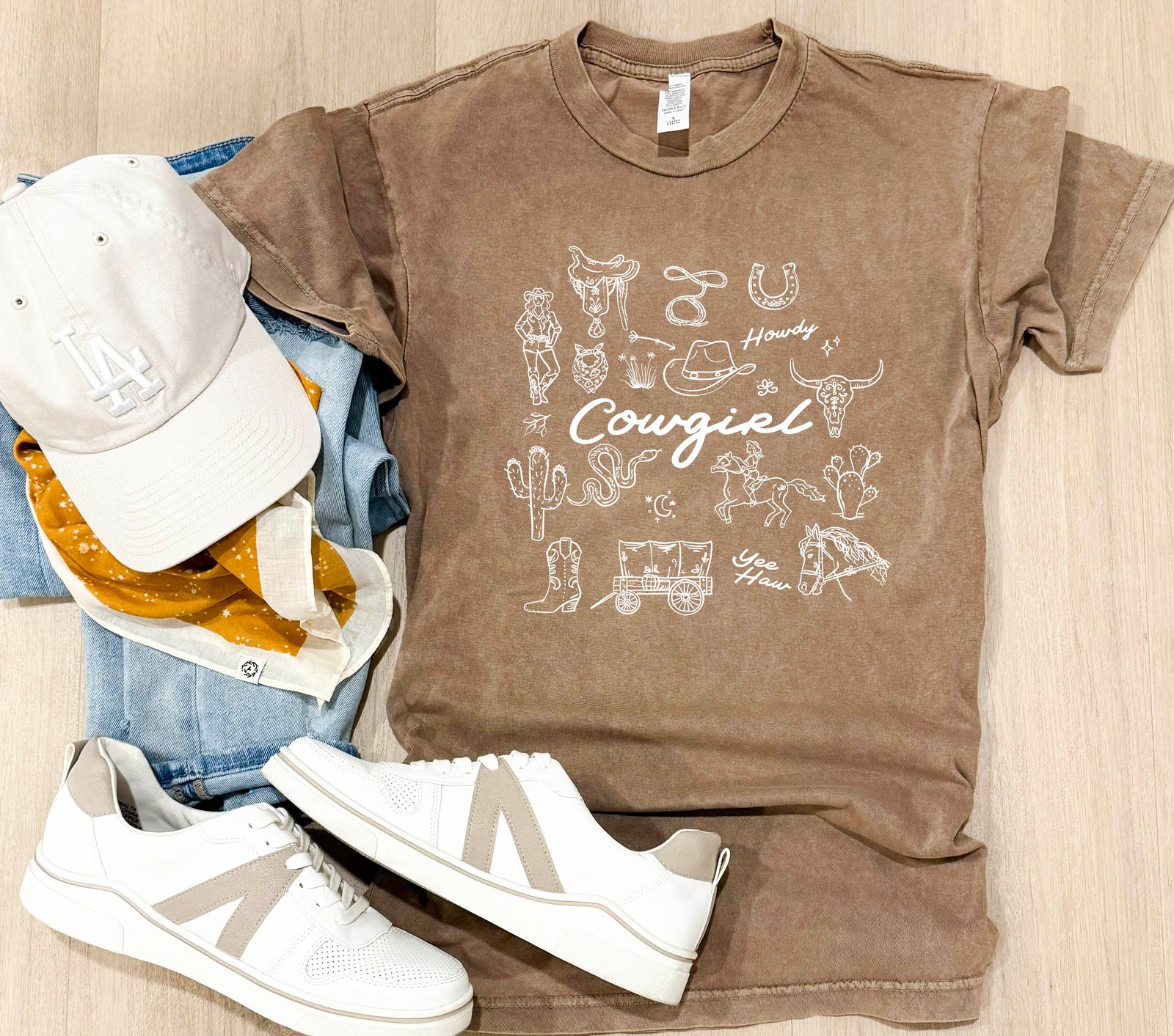 Whimsical Cowgirl vintage wash tee western Lane Seven Vintage brown 