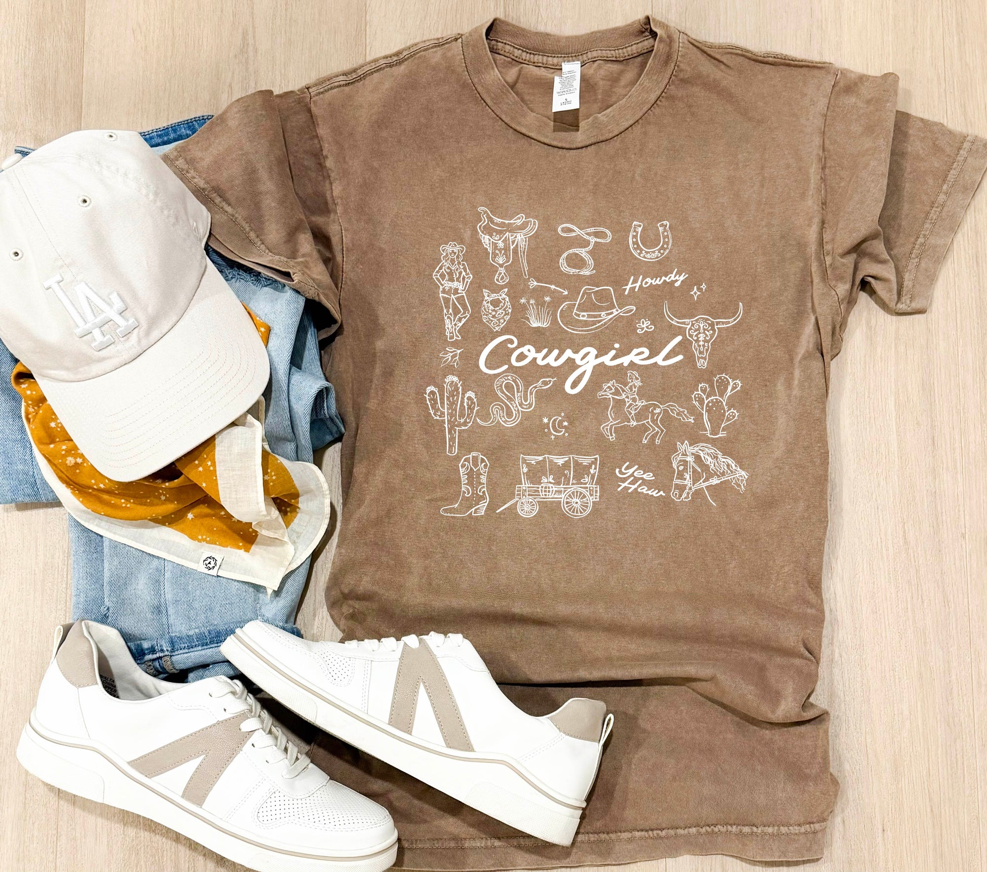 Whimsical Cowgirl vintage wash tee western Lane Seven Vintage brown 