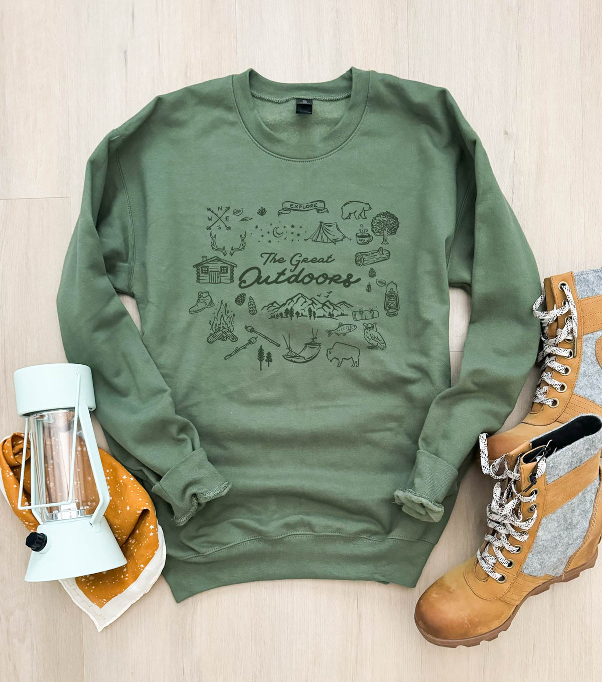 Whimsical great outdoors collage sweatshirt vacay, mountain Tultex fleece 340 