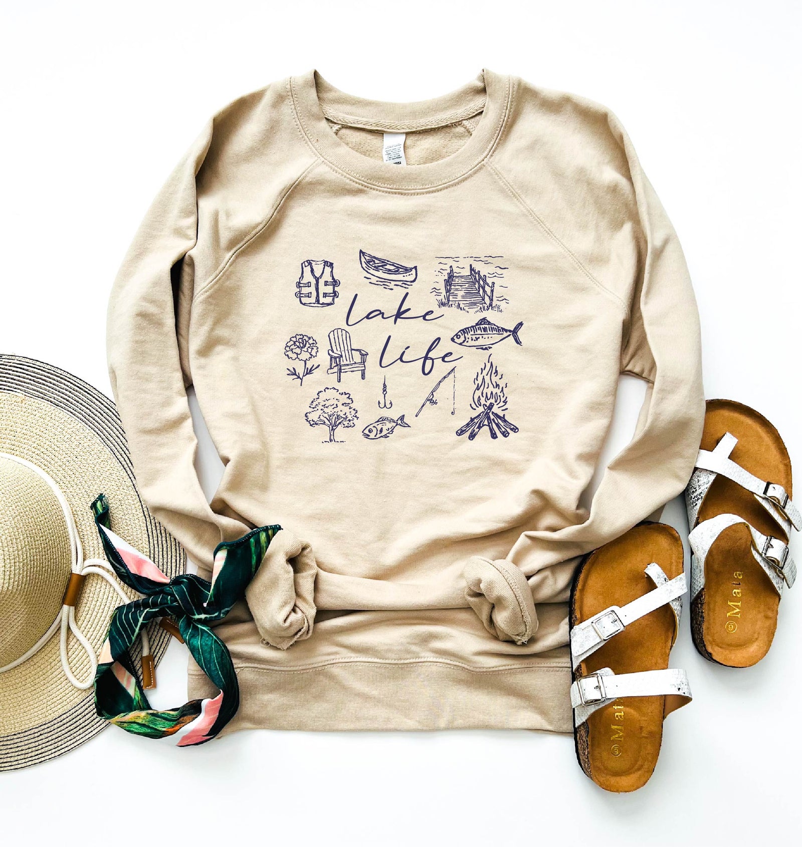 Whimsical lake collage sweatshirt vacay, lake Tultex fleece 340 