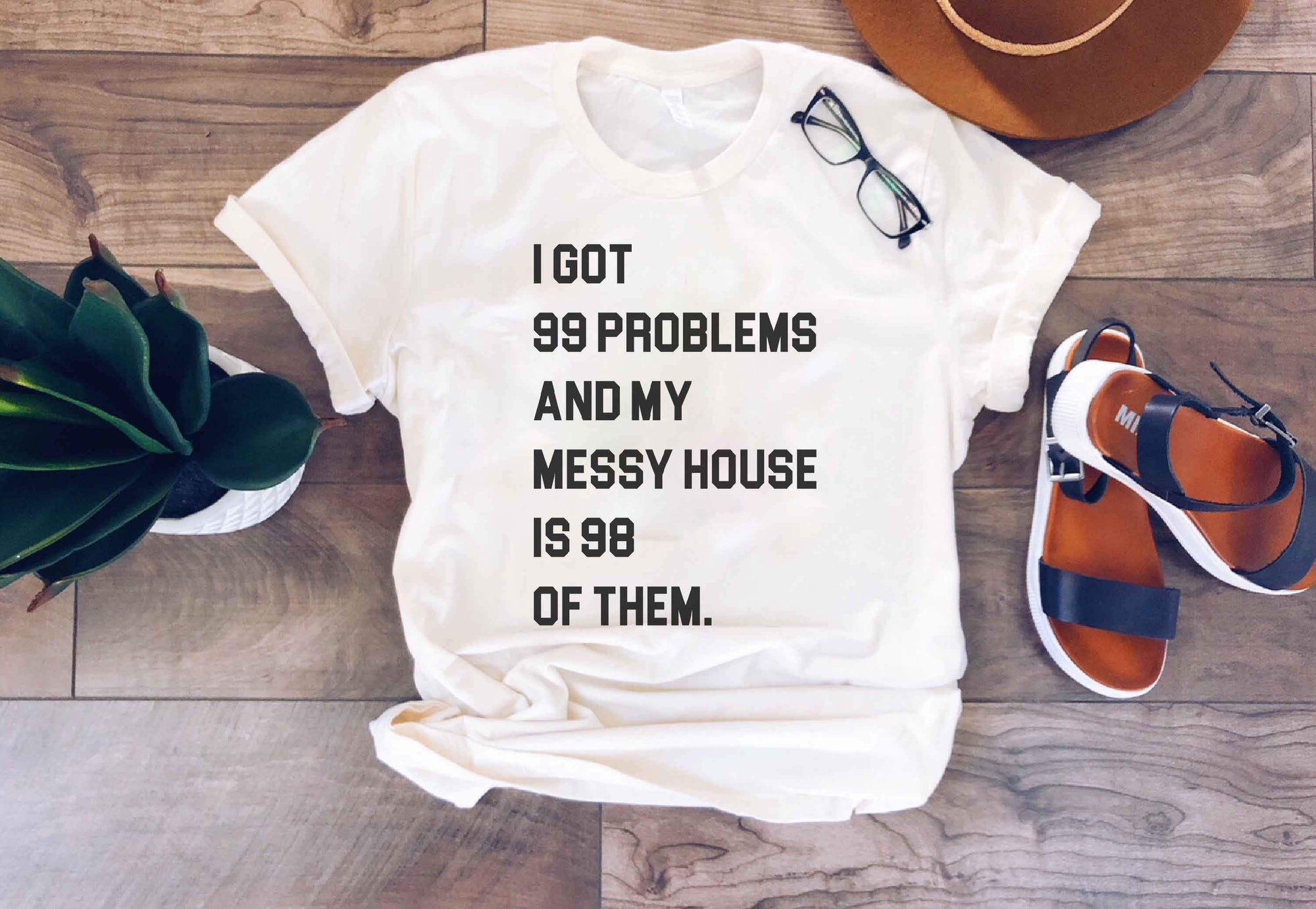 99 problems messy house crew neck tee Short sleeve miscellaneous tee Bella Canvas 3001 Cream 