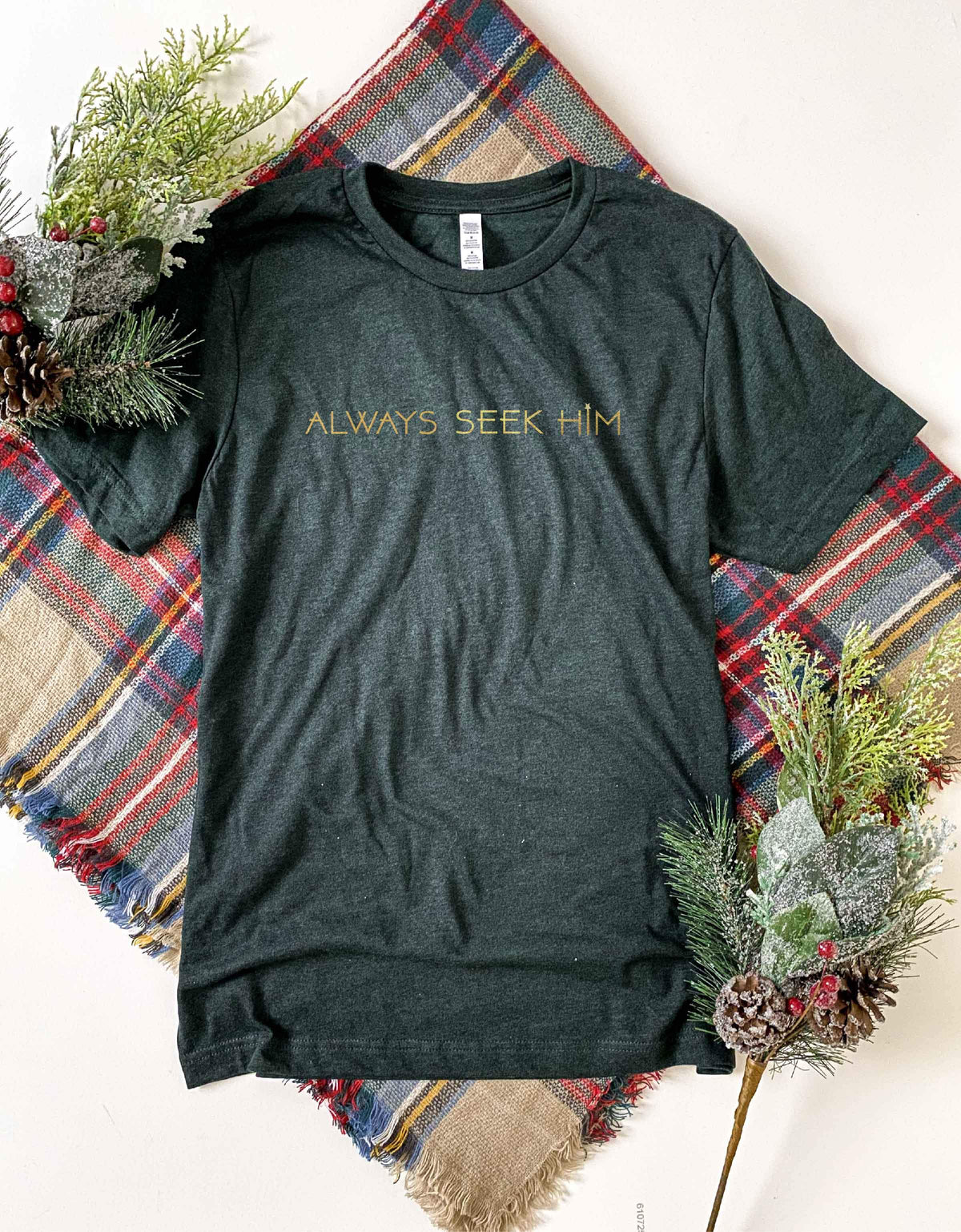 Always Seek Him tee Short sleeve holiday tee Bella Canvas 3001 XS Heather emerald 