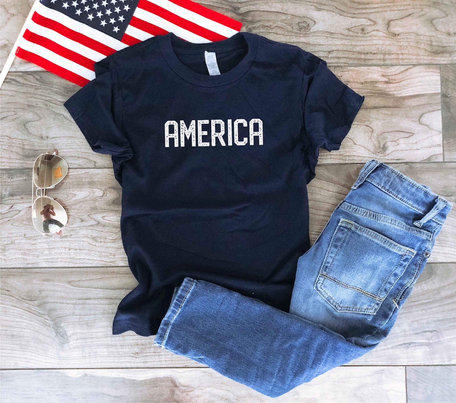 America blockletter kids tee Short sleeve patriotic kids tee Bella canvas 3001y 
