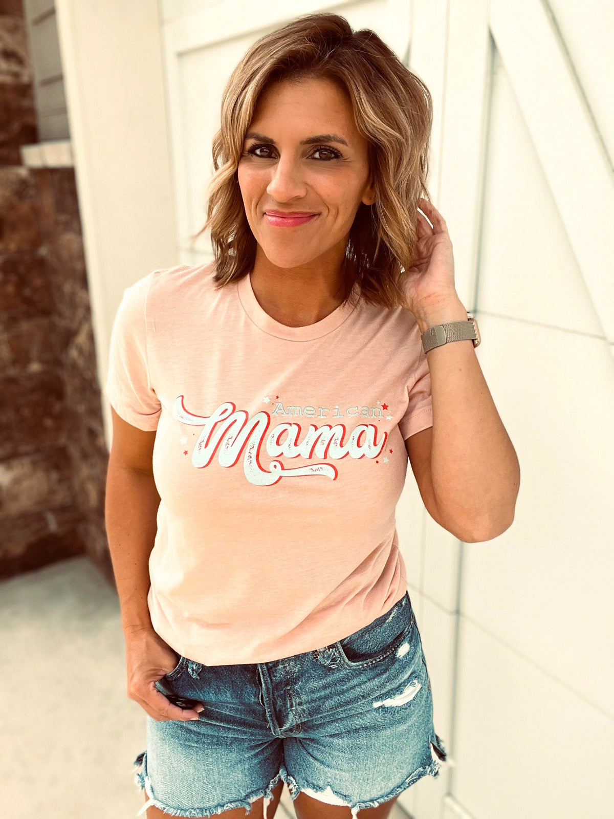 American mama tee Short sleeve patriotic tee Bella Canvas 3001 XS Heather peach 