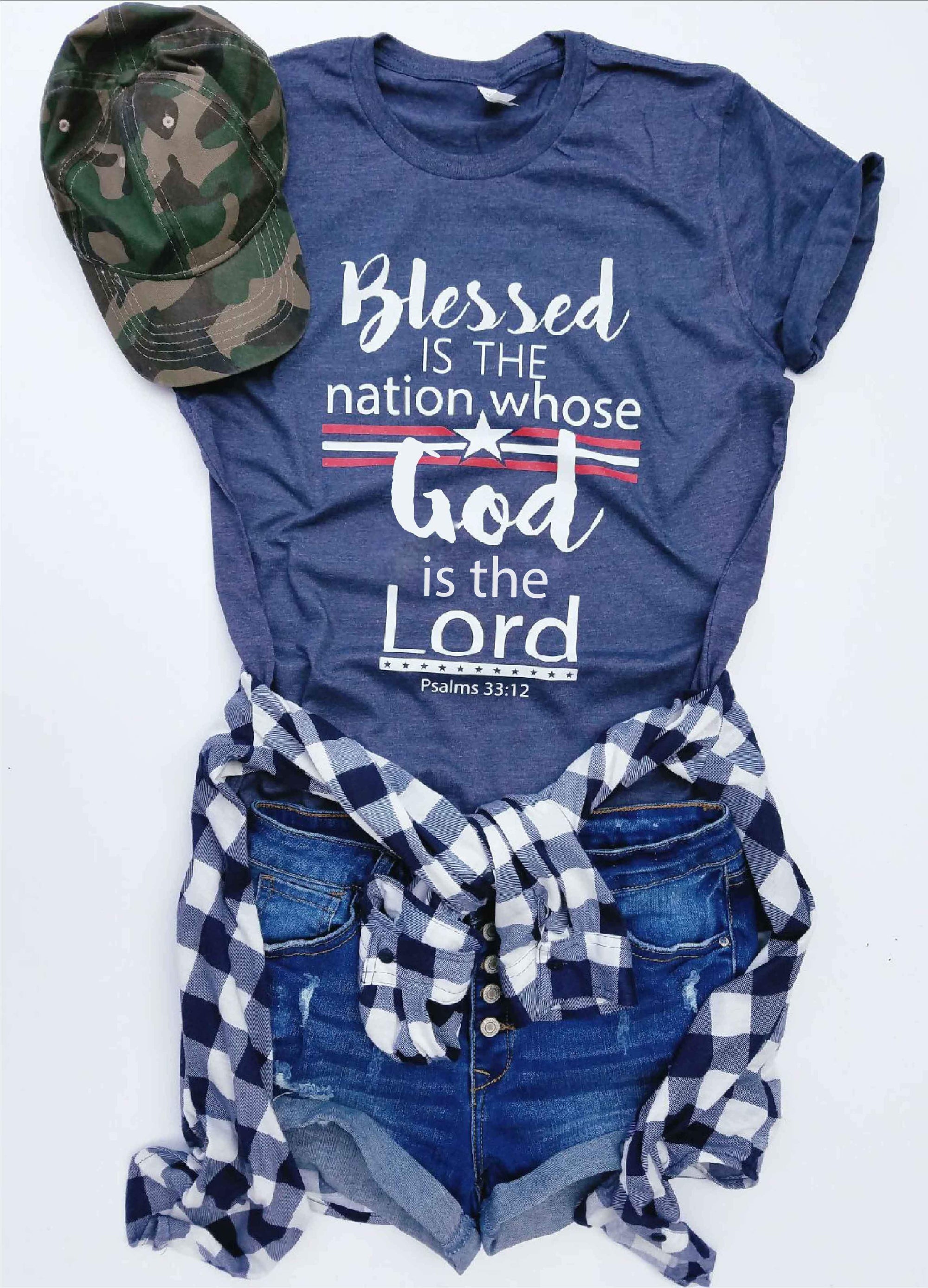 Blessed is the nation tee Short sleeve patriotic tee Bella Canvas 3001 XS Heather Navy 