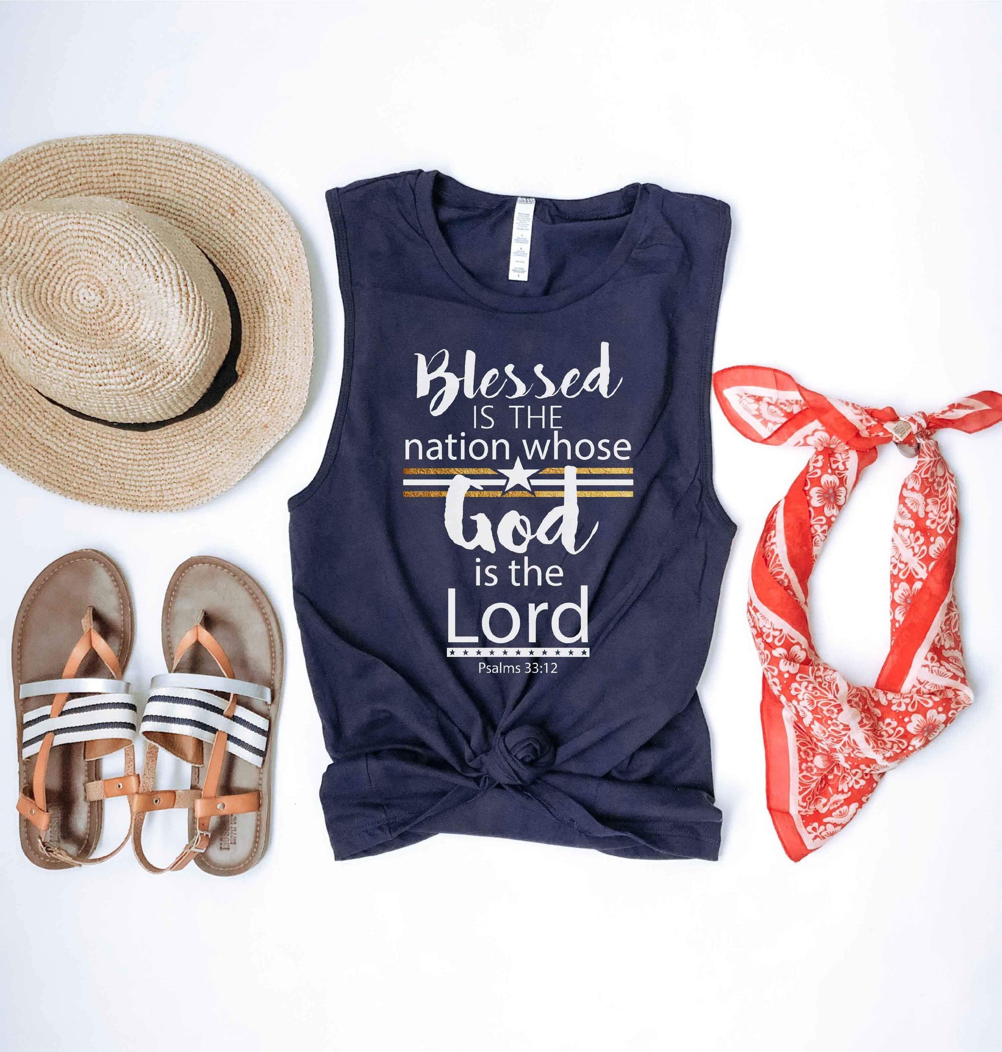 Blessed is the nation unisex muscle tank Patriotic tank Next level unisex muscle tank navy 