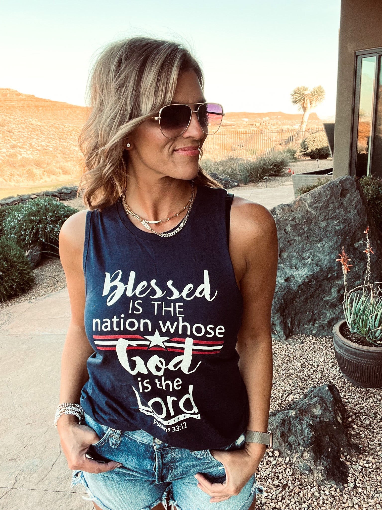 Blessed is the nation women’s muscle tank Patriotic tank Bella Canvas 6003 navy 