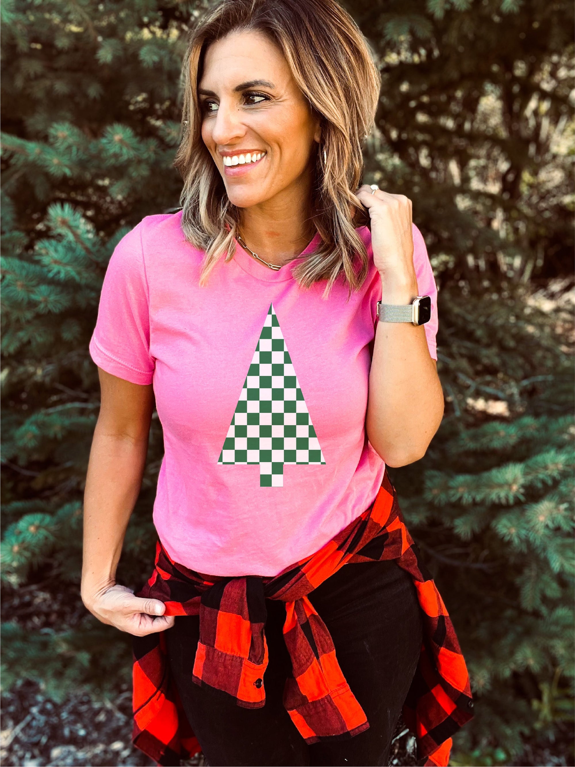 Checkered Christmas tree tee Short sleeve holiday tee Bella Canvas 3001 charity pink 