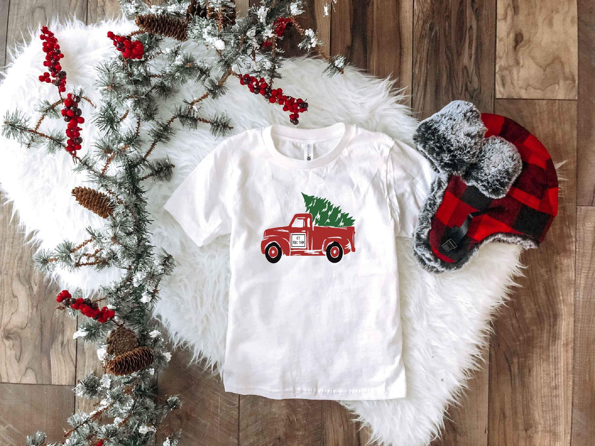 Christmas truck kids tee Kids short sleeve holiday tee Next level 3310 3t White 