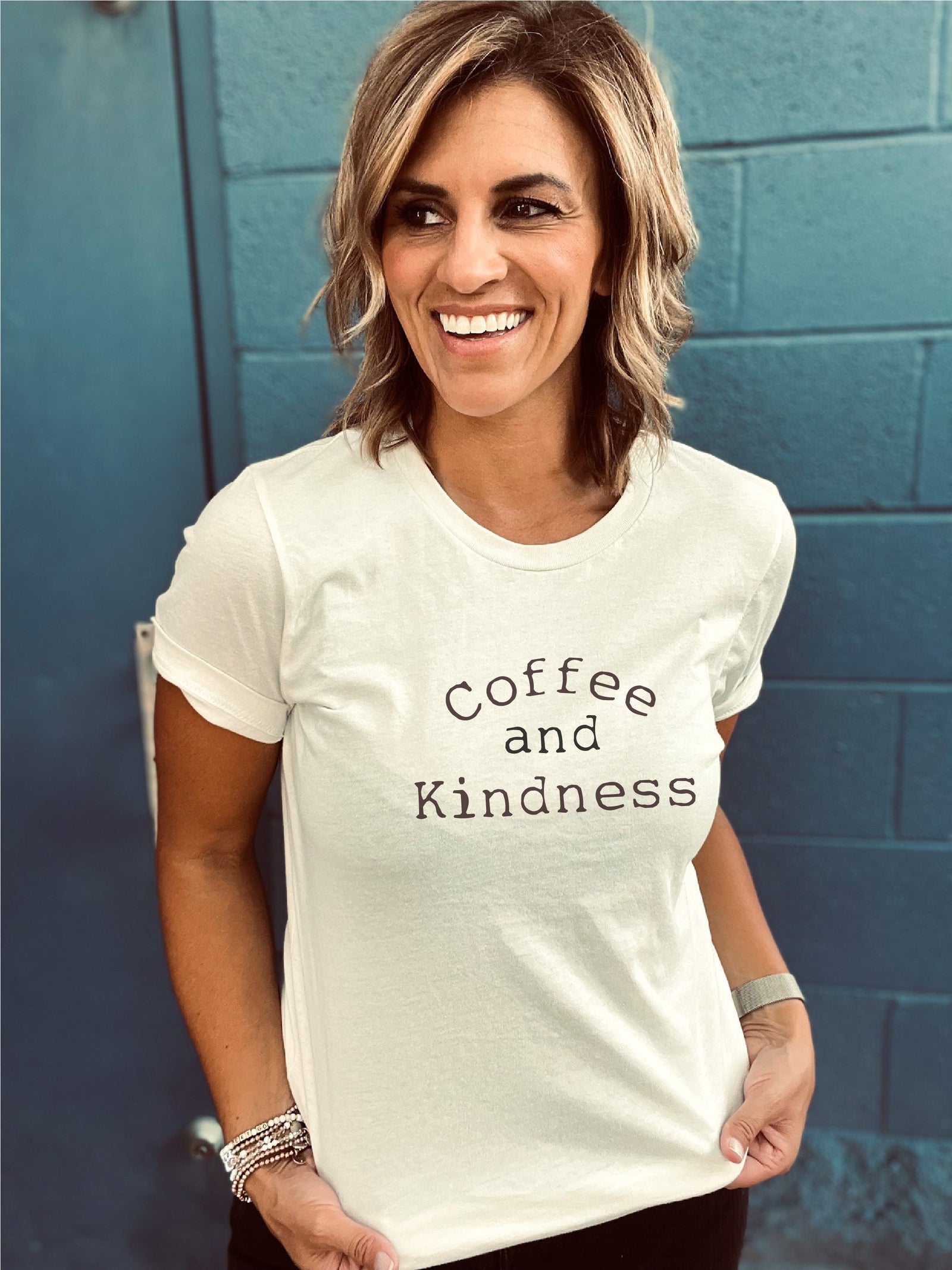 Coffee and kindness tee Short sleeve miscellaneous tee Lane seven premium tee mushroom, bella canvas 3001 vintage white 