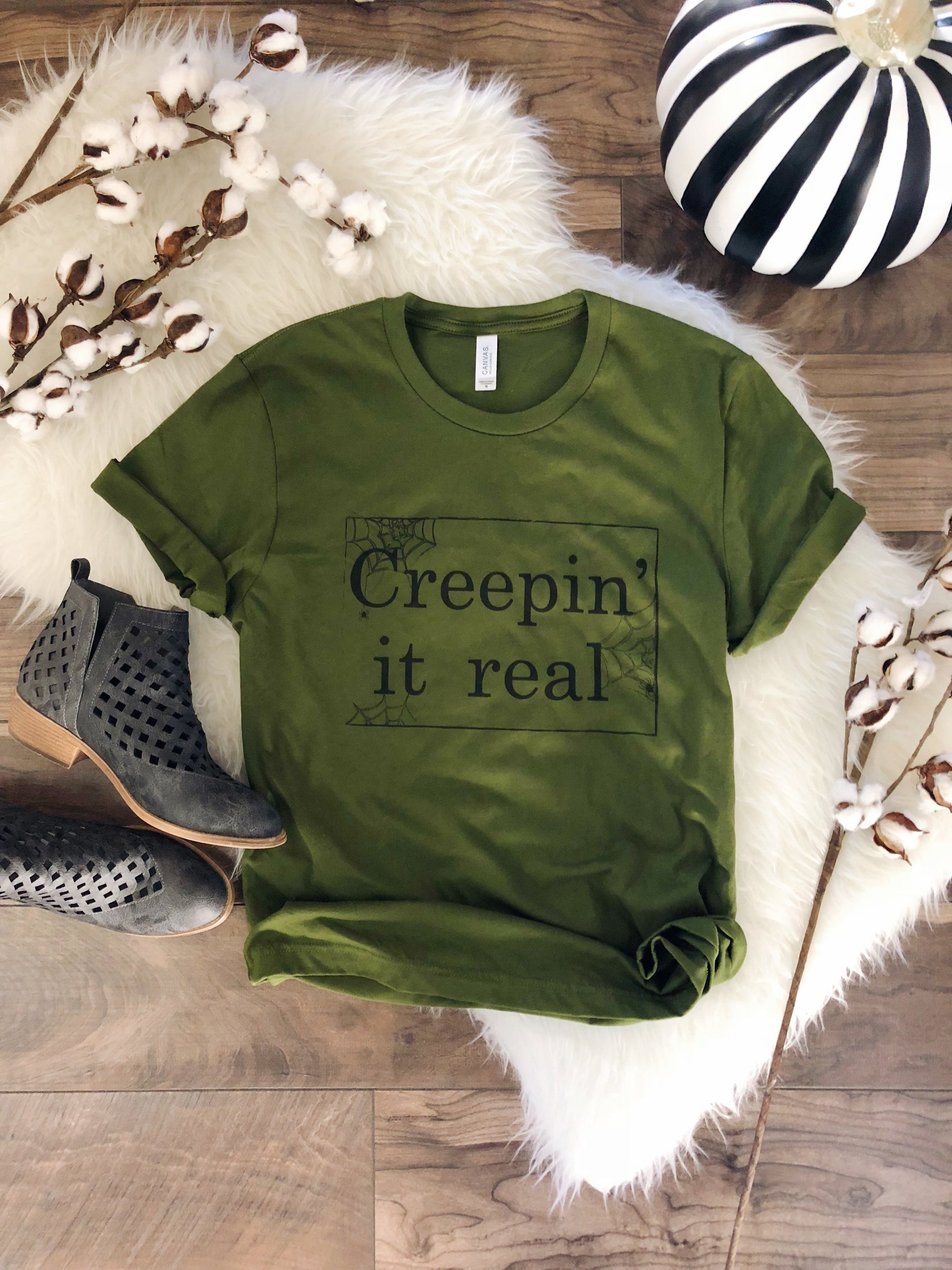 Creepin it real Kids short sleeve halloween tee Bella Canvas 3001 Olive 