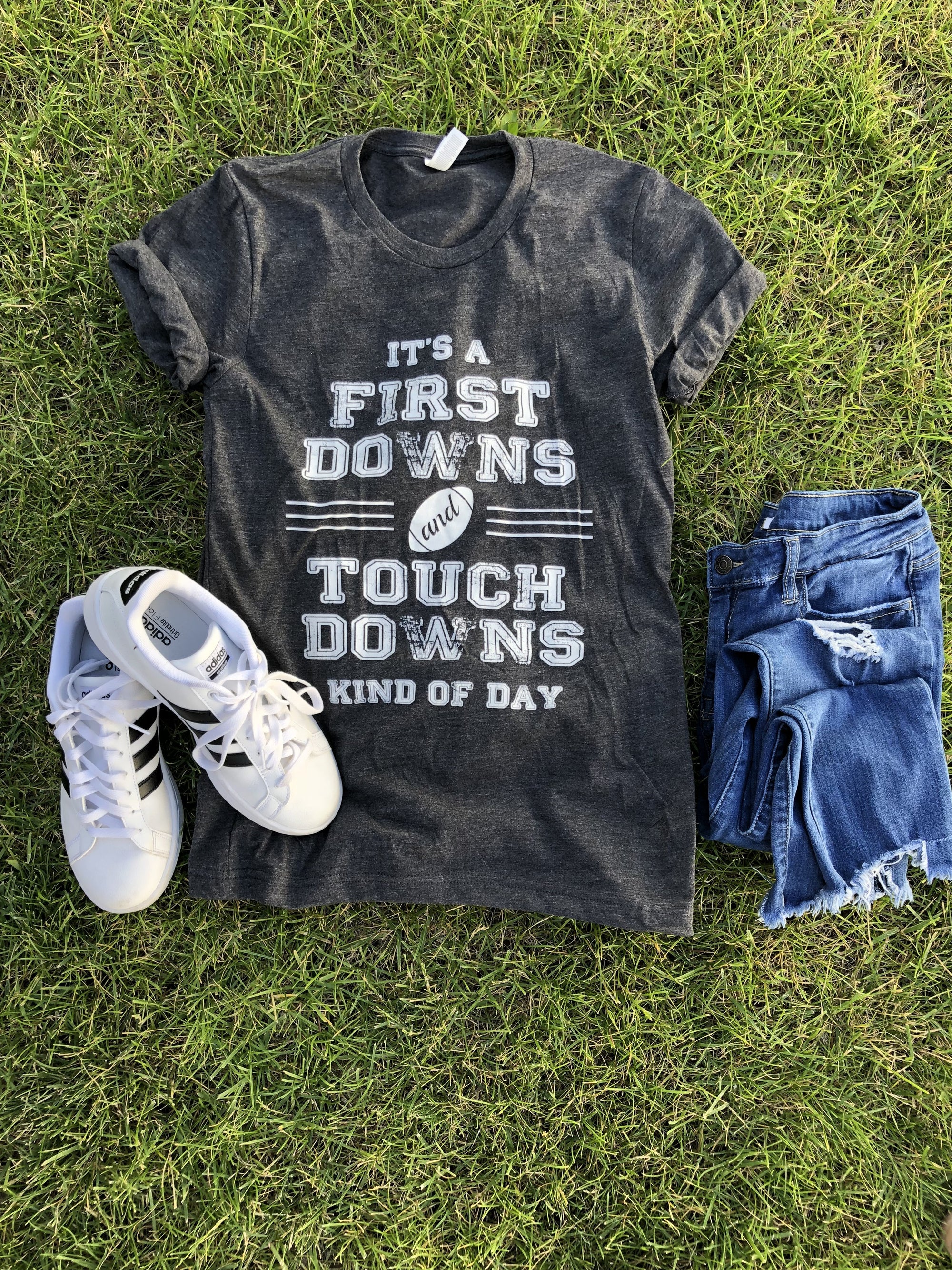 First downs and touchdowns kids tee Short sleeve kids tees Bella canvas 3001y 2t Charcoal 