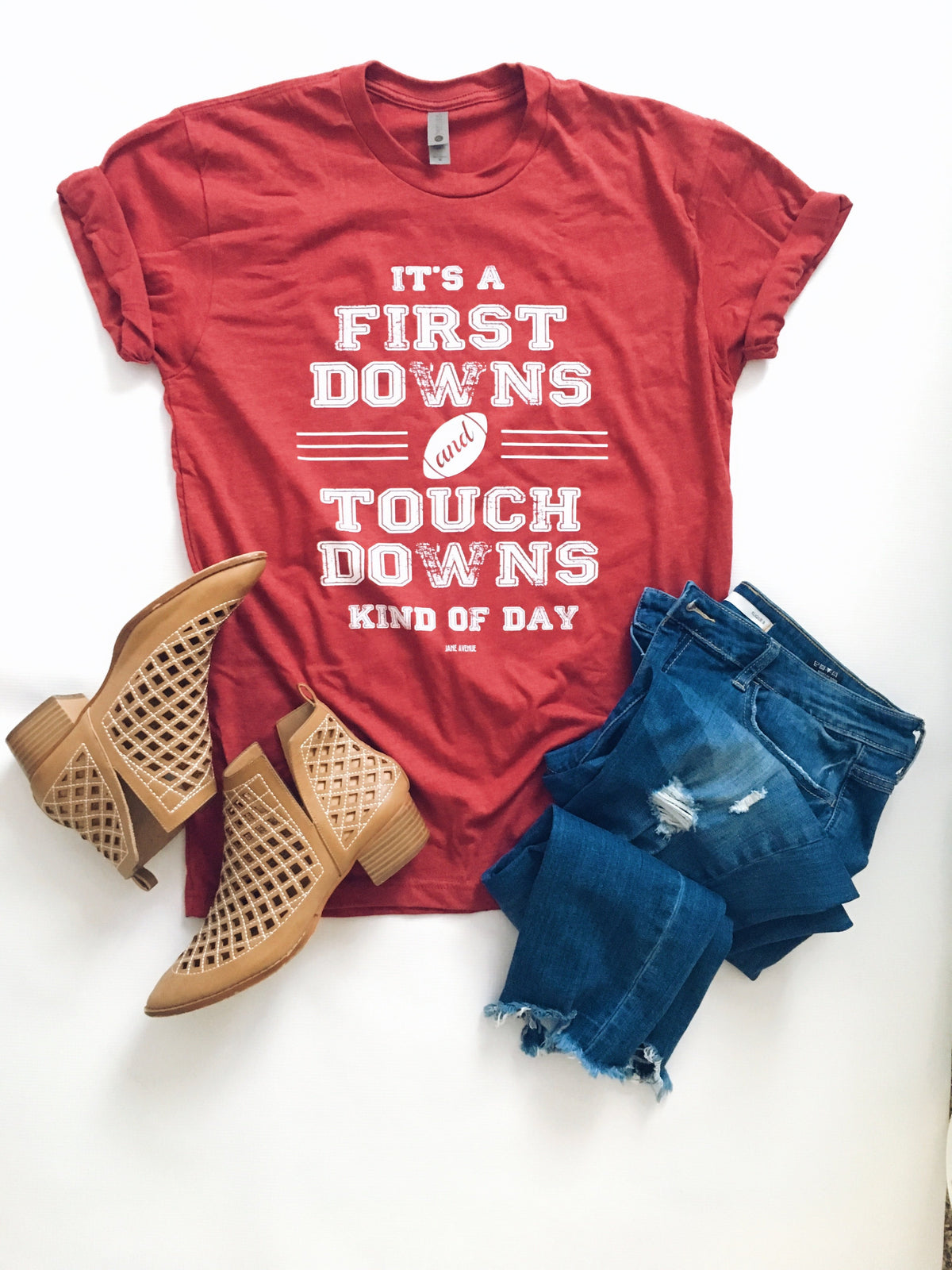 First Downs and Touchdowns Short sleeve football tee Bella canvas and Next Level S Crimson(Alabama) 
