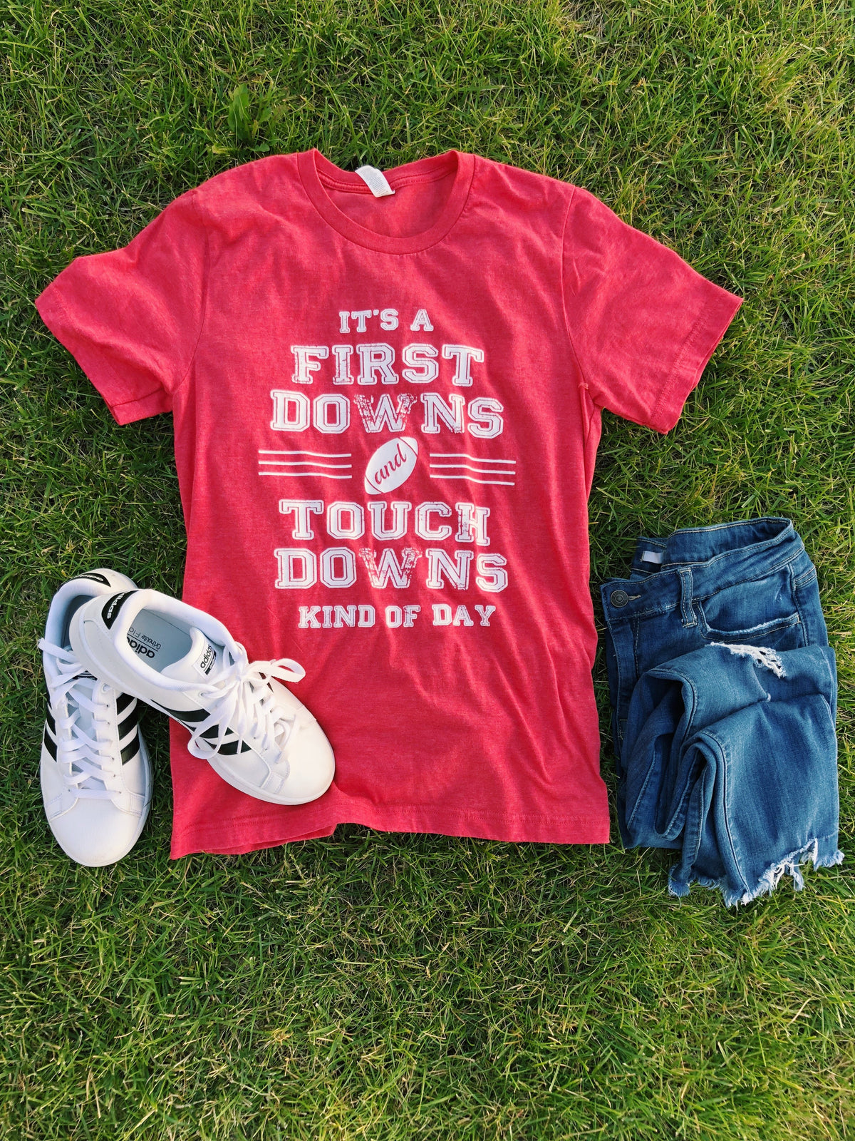 First Downs and Touchdowns Short sleeve football tee Bella canvas and Next Level S Heather red 