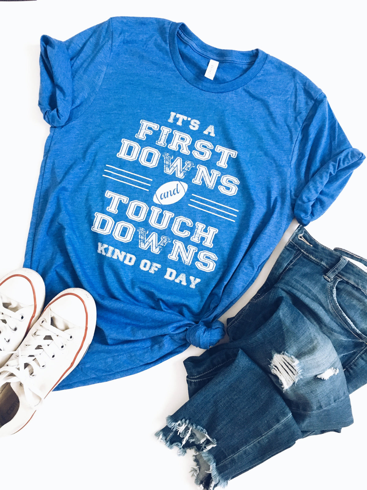 First Downs and Touchdowns Short sleeve football tee Bella canvas and Next Level XS Heather royal 