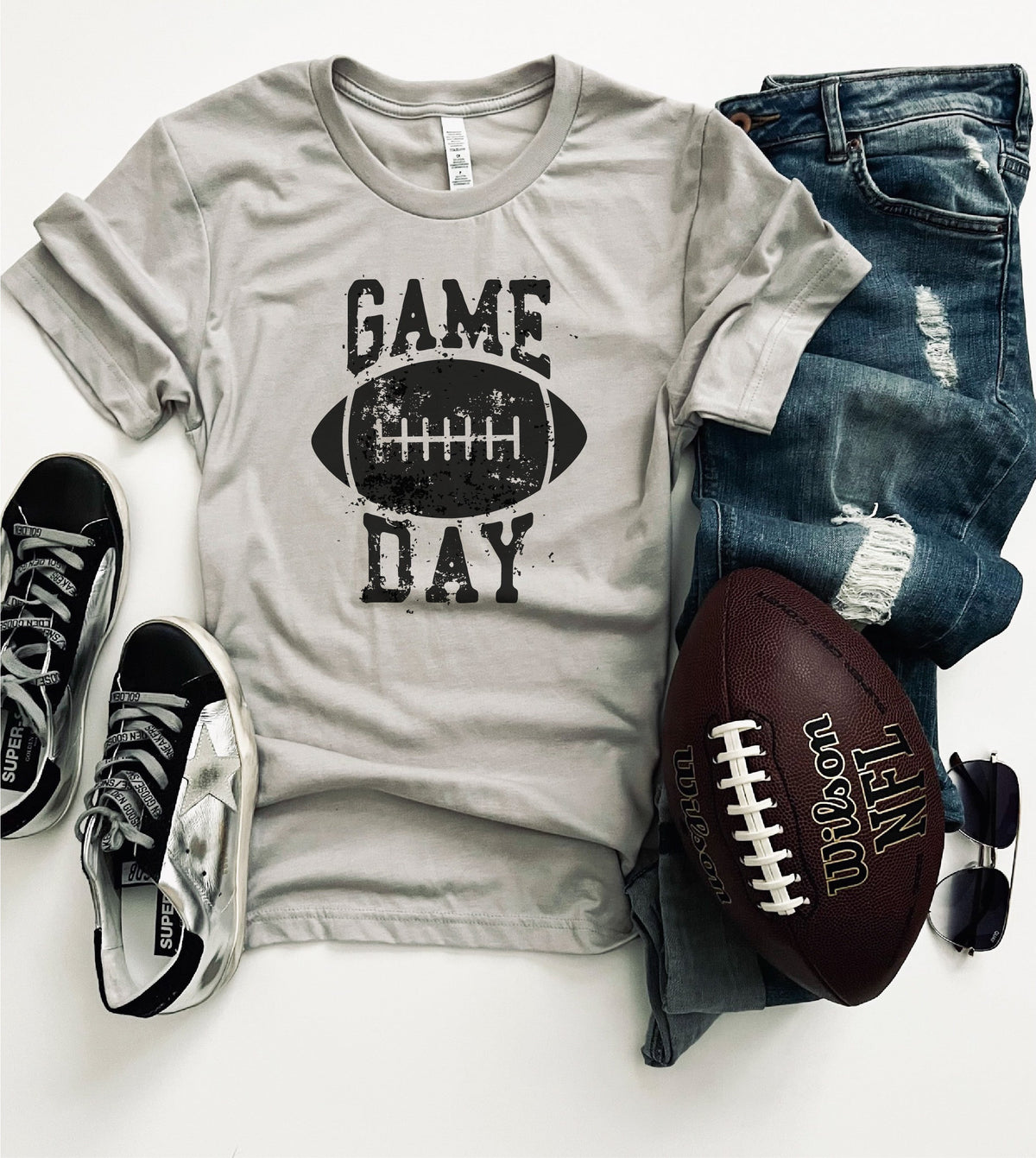 Gameday grunge football tee Short sleeve football tee Bella canvas 3001 cool grey and sand 