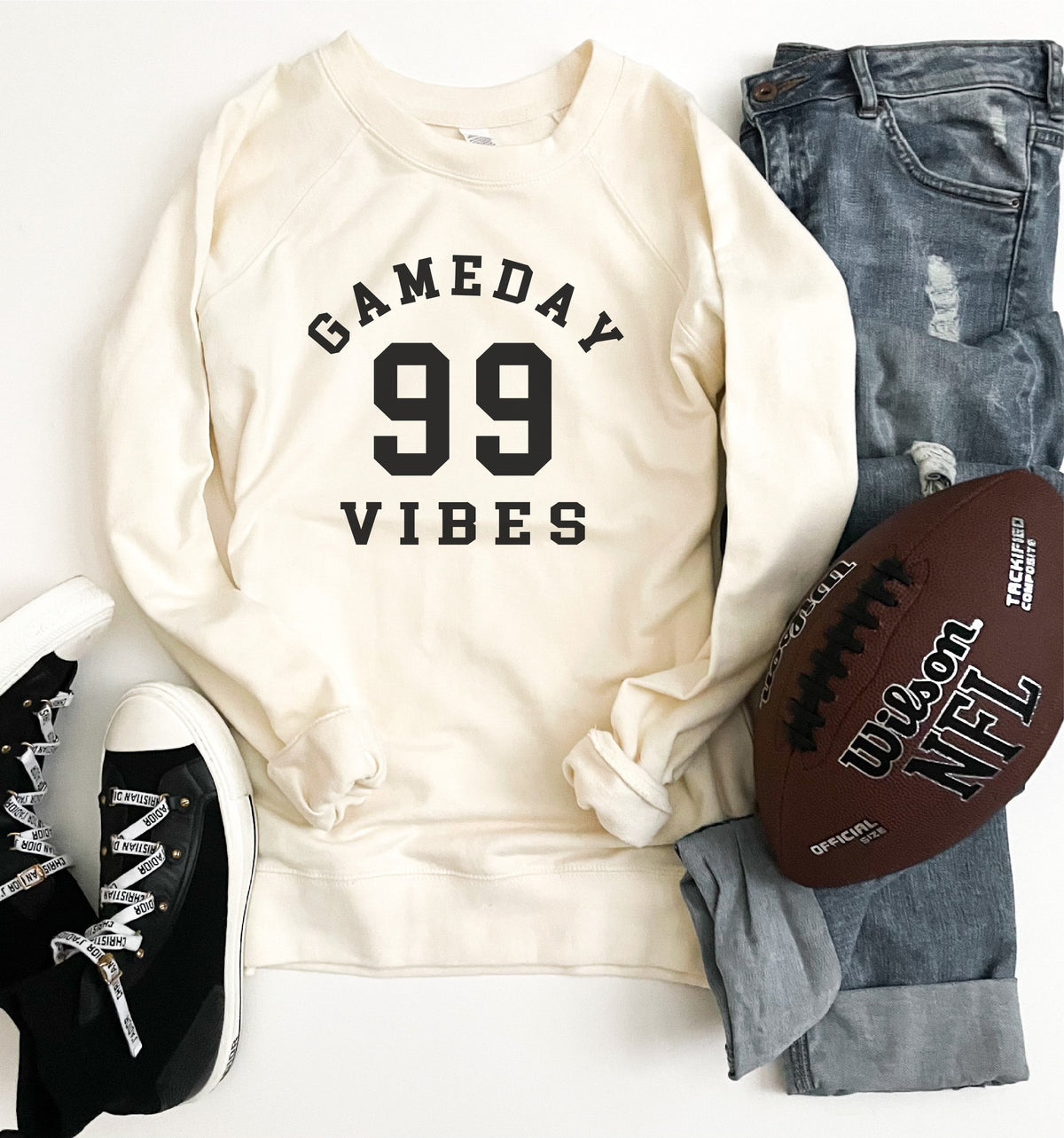 Gameday vibes french terry raglan Football french Terry Lane seven French Terry raglan charcoal XS Cream with black font 