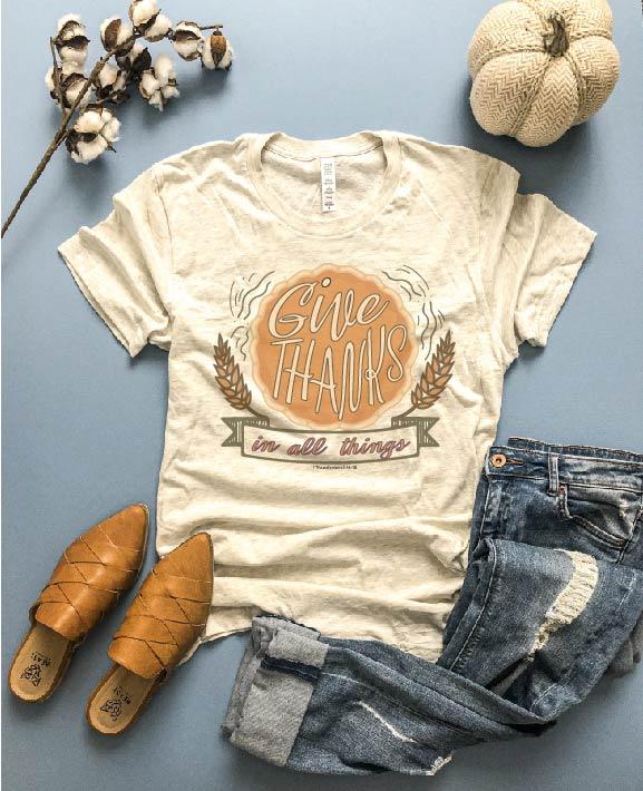 Give thanks in all things tee Short sleeve fall tee Bella Canvas 3001 heather oatmeal 