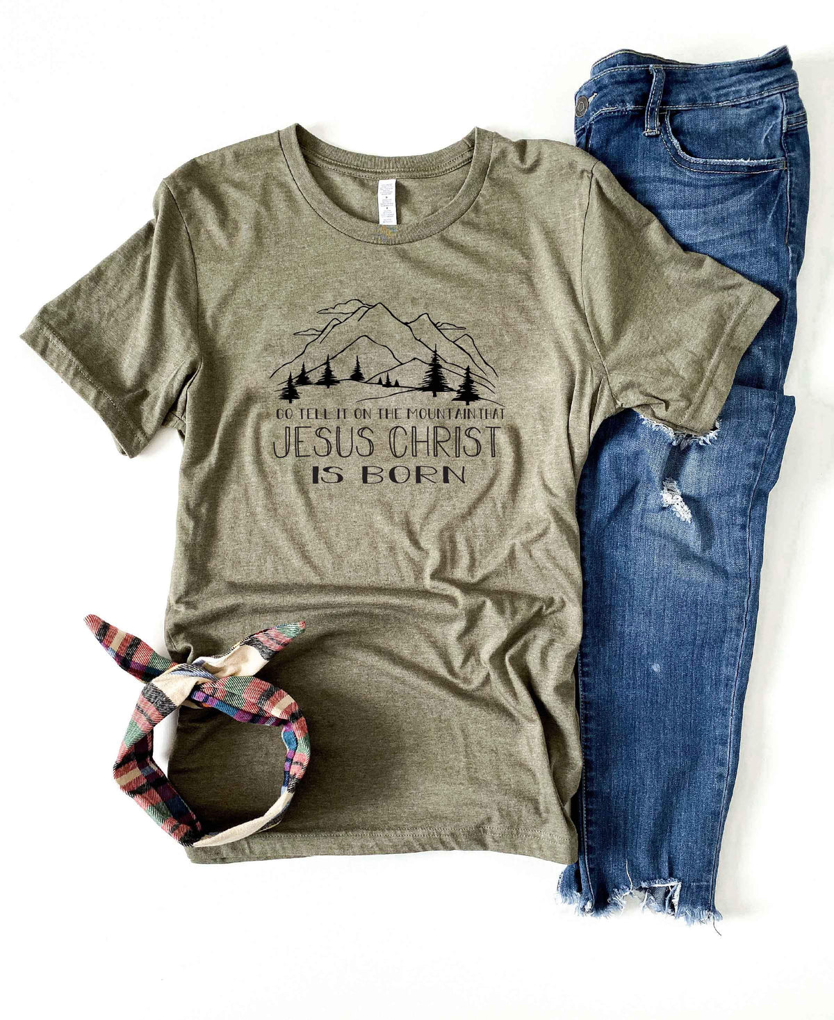 Go tell it on the mountain tee Short sleeve holiday tee Bella Canvas 3001 XS Heather olive 