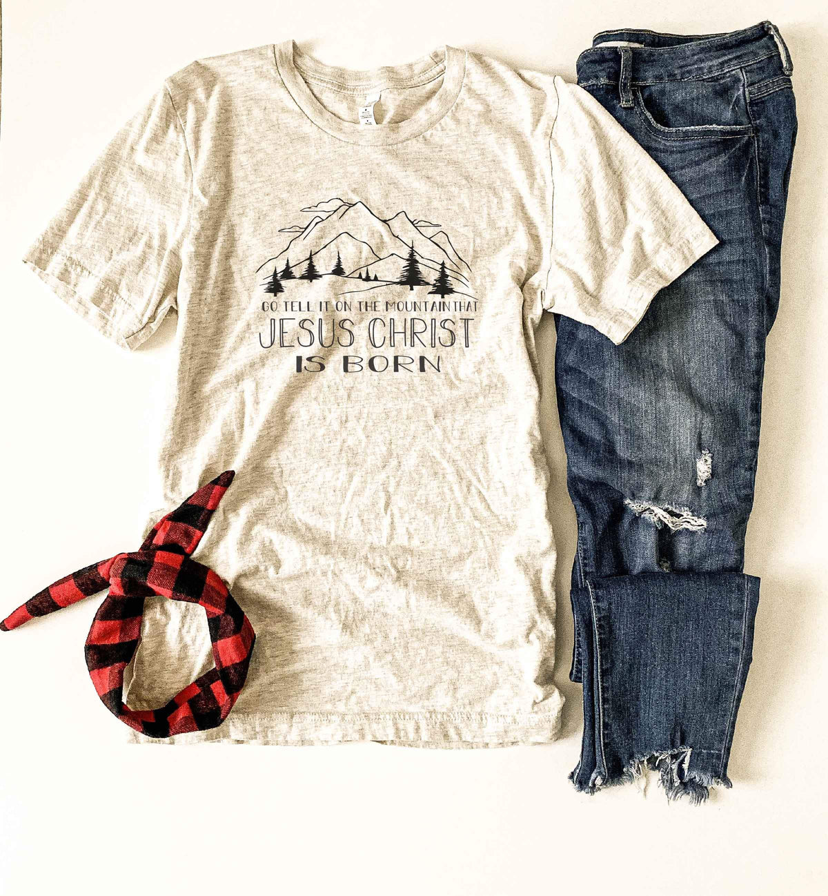 Go tell it on the mountain tee Short sleeve holiday tee Bella Canvas 3001 XS Oatmeal 