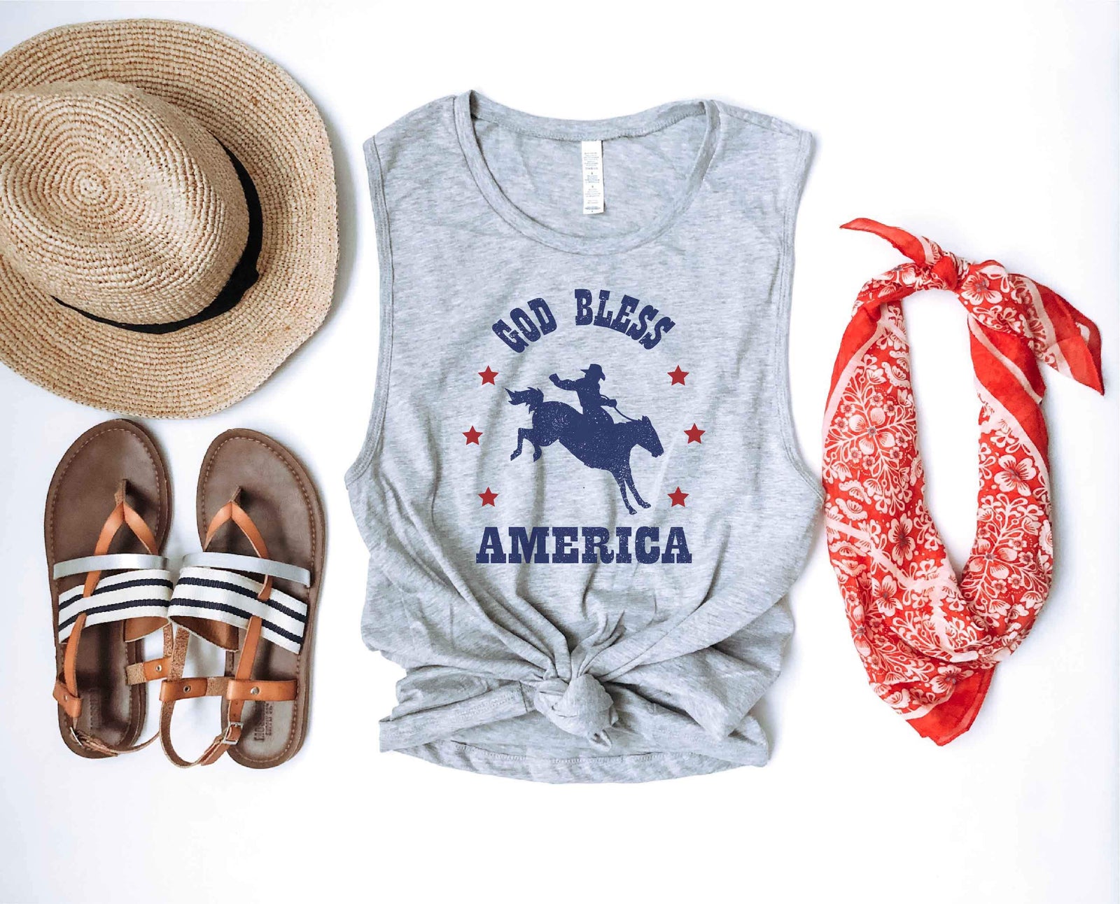 God bless America women's muscle tank Patriotic tank Bella canvas 6003 heather grey 
