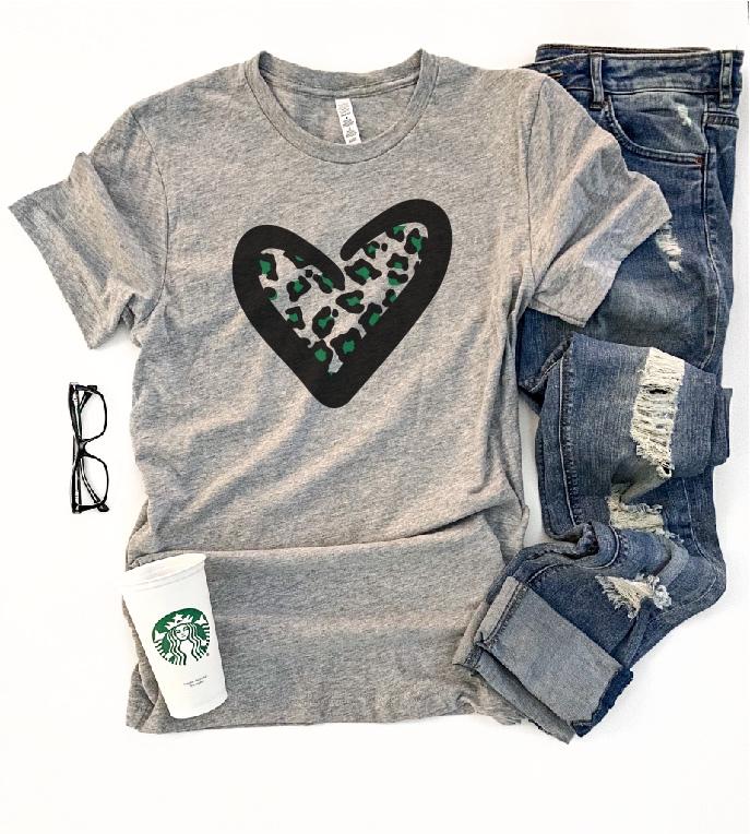 Green leopard heart tee Short sleeve St patty day tee Bella canvas 3001 