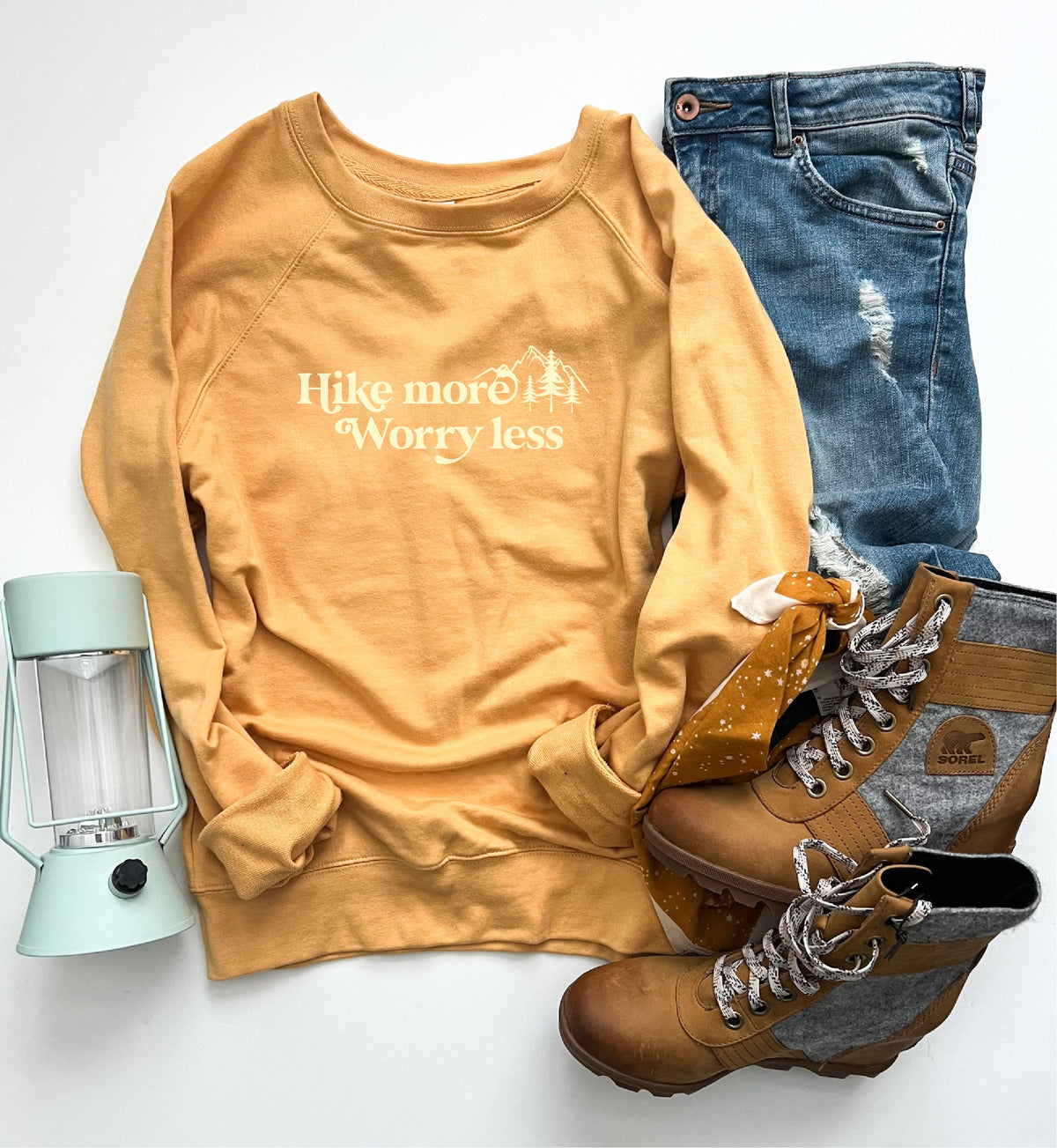 Hike more worry less french terry sweatshirt Lake French Terry raglan Independent Trading French Terry raglan Harvest gold XS 