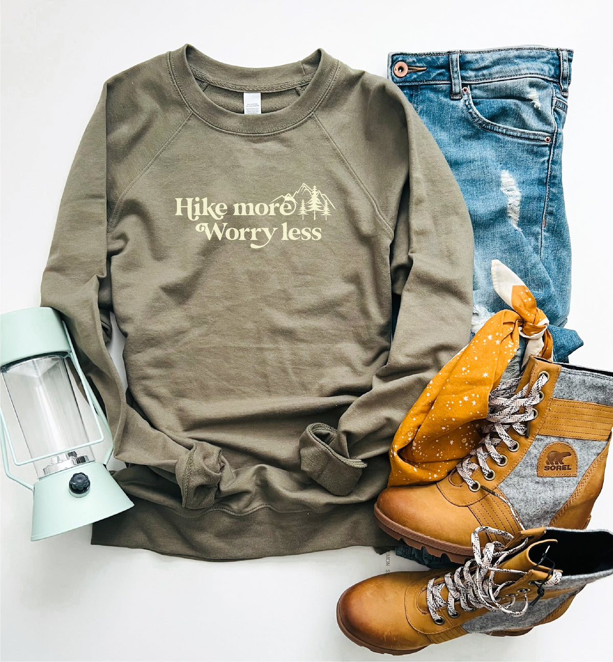 Hike more worry less french terry sweatshirt Lake French Terry raglan Independent Trading French Terry raglan Olive XS 